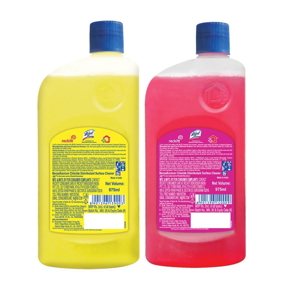 Lizol Disinfectant Surface & Floor Cleaner Combo Pack - Citrus & Floral Scent (975ml x 2) | Kills 99.9% Germs | Ideal for Kitchen, Bathroom & Hard Floor Cleaning