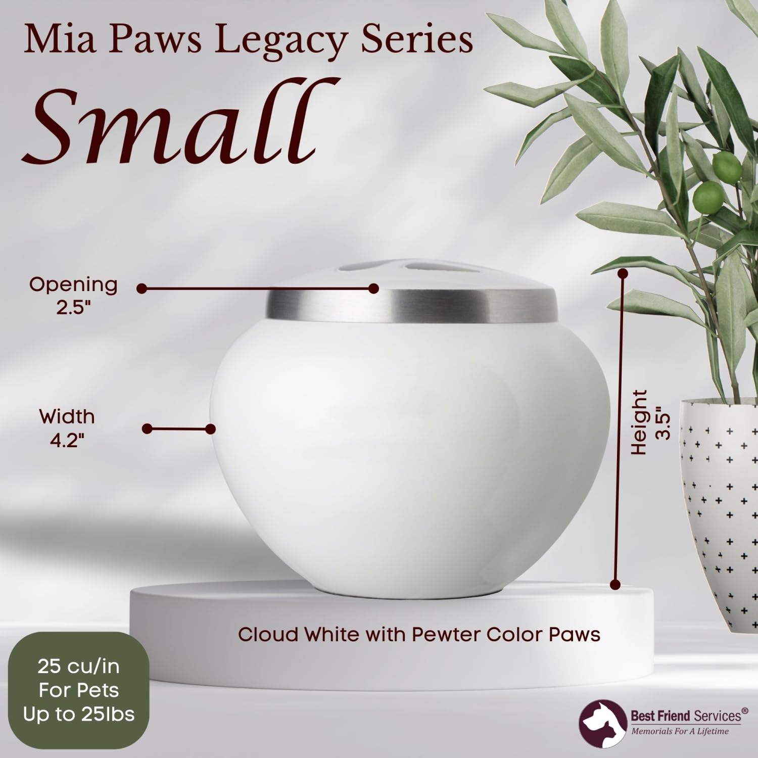 Hand Carved Mia Series Pet Urn for Dogs and Cats - Memorial Cremation Urn for Ashes up to 25 lbs, Cloud White with Pewter Paw Design, Perfect for Home Display or Memorial Ceremonies
