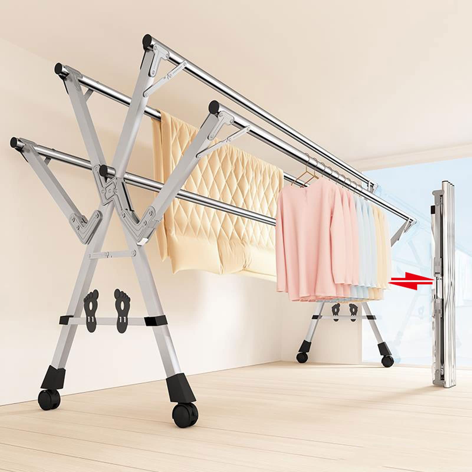 5-Tier Portable Clothes Drying Rack with 20 Windproof Hooks - Foldable Laundry Rack for Blankets, Towels & Clothing - Indoor Outdoor Space Saving Solution for Apartments, Balcony & Travel
