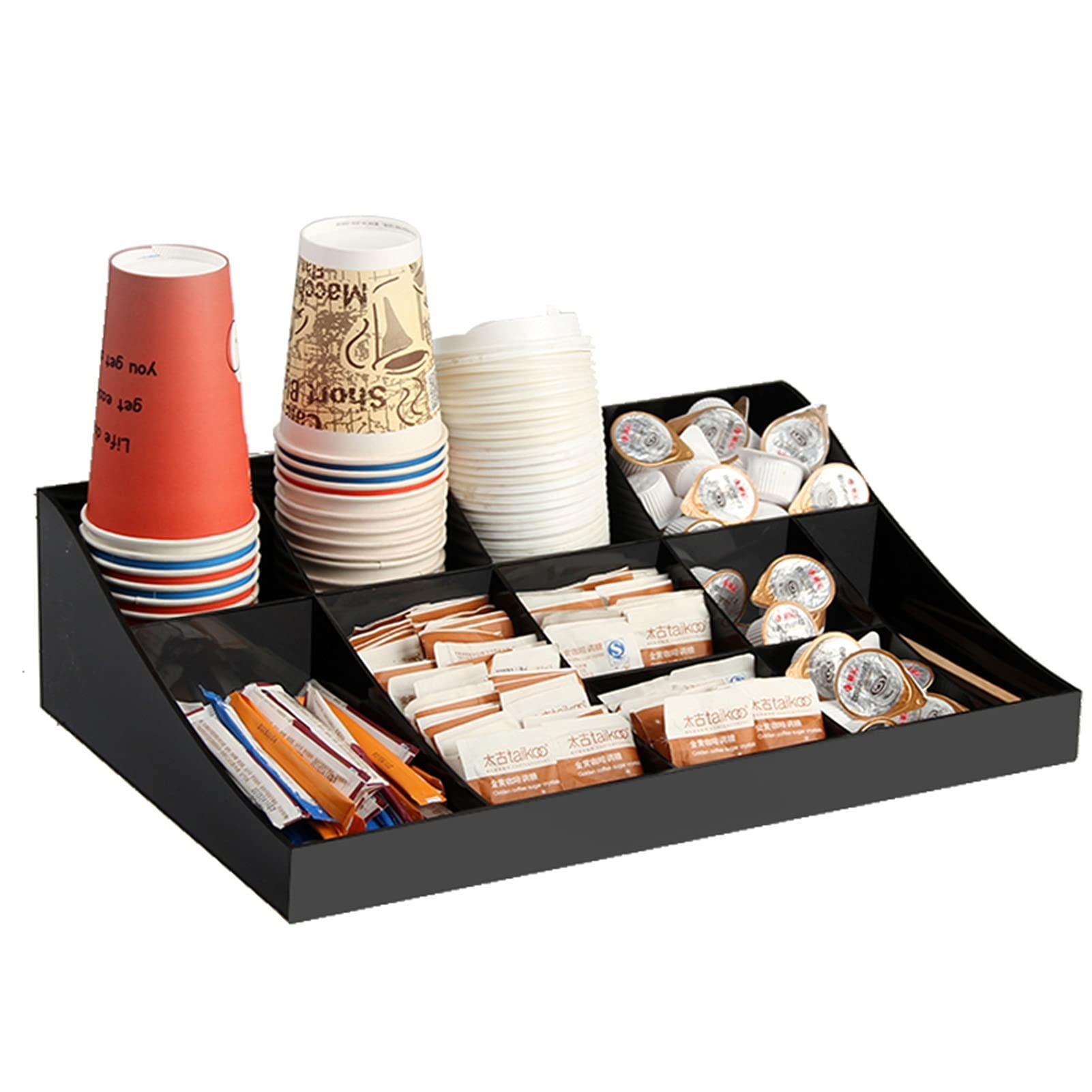 HMBB Coffee Station Classic 11-Compartment Condiment Organizer - Acrylic Coffee Cup Dispenser & Lid Holder for Coffee Cups, Paper Towels, Capsules - Perfect for Home, Office & Cafe Use