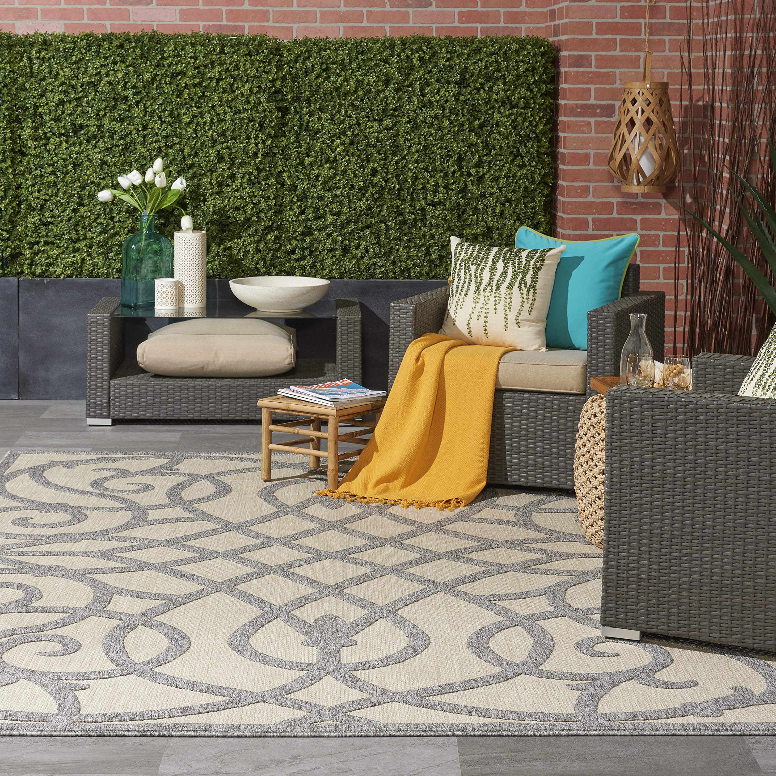 Nourison Palamos 8x10 Indoor/Outdoor Area Rug in Cream Grey - Non-Shedding, Easy to Clean, Stain Resistant for Living Room, Bedroom, Dining Room, Deck, Patio & Backyard | Perfect for High-Traffic Areas & Outdoor Entertaining
