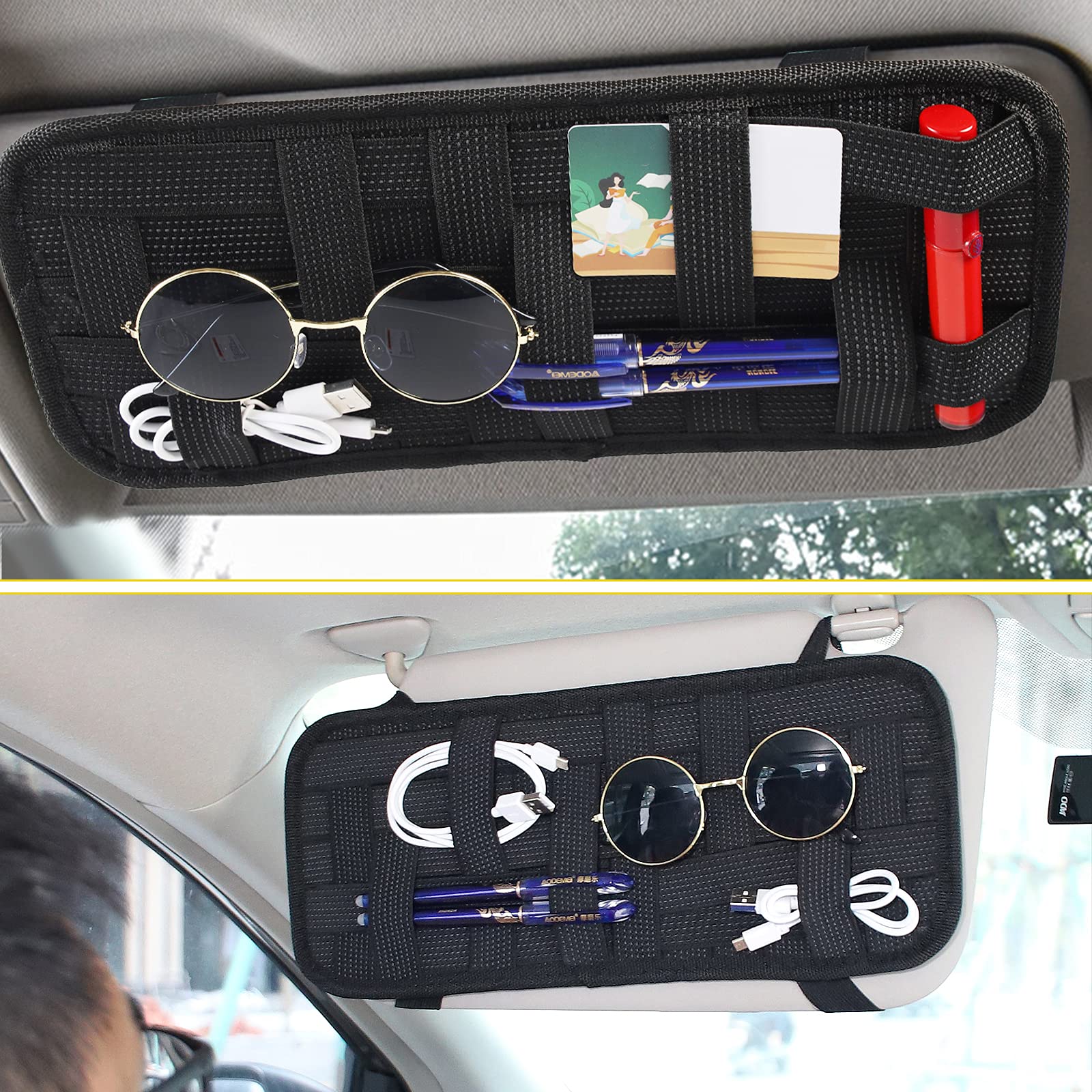 Car Sun Visor Organizer with Crossed Non-Slip Elastic Bands - Secure Storage for Sunglasses, Phones & Small Accessories - Perfect for Road Trips & Daily Commute