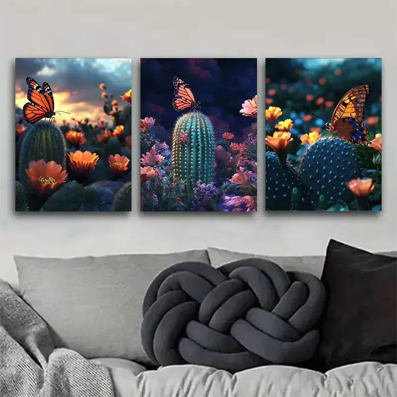 3-Piece Romantic Desert Sea of Cactus Flowers Art Set - 50x70cm Framed Canvas Wall Decor | High Quality Print | 100% Australian Made | Ready to Hang | Perfect for Living Room, Bedroom & Office Decor