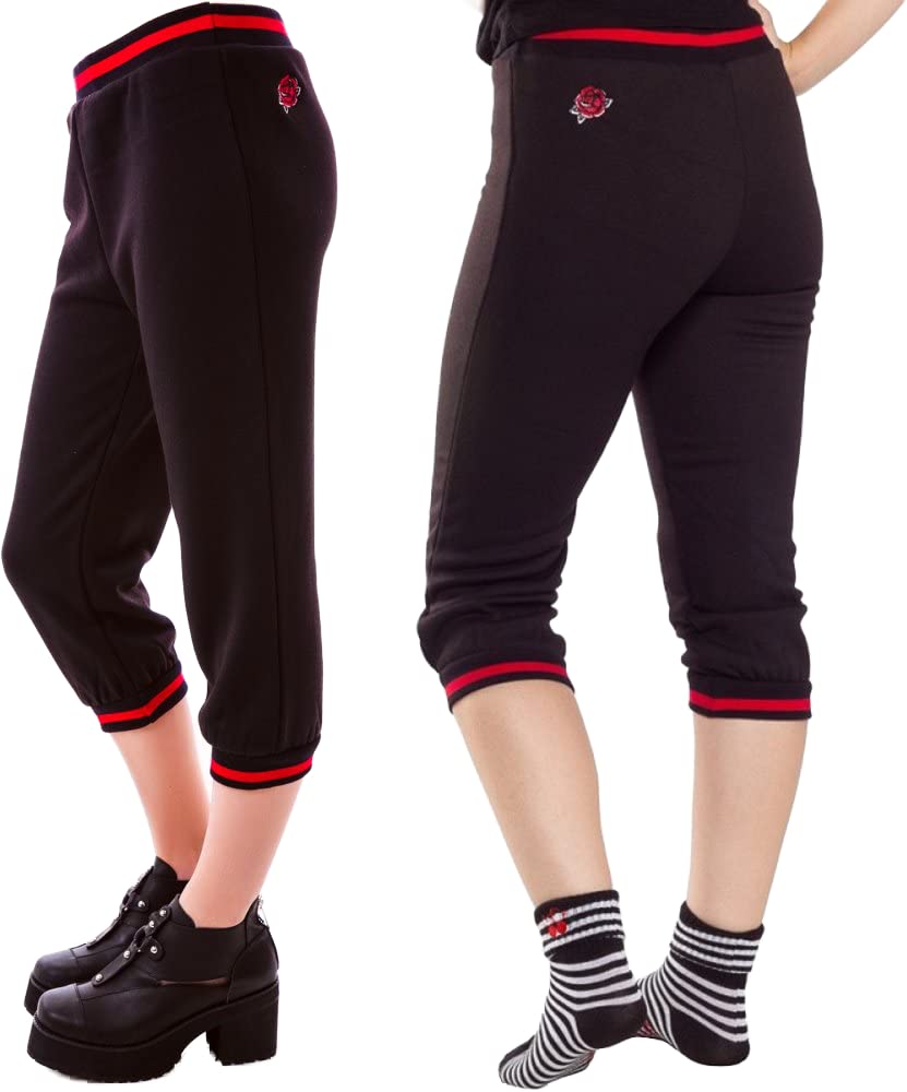 Black & Red Rose Fleece Capris for Women - Sourpuss Clothing Size M | Cozy Lounge Pants for Casual Wear & Sleepwear