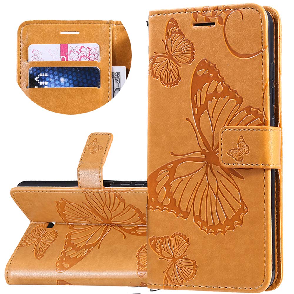 Samsung Galaxy A21 Wallet Case with Card Slots & Kickstand - Flip Leather Phone Cover for Women, Magnetic Clasp & Business Embossing Design (Yellow Butterfly Pattern) - Perfect for Business Professionals & Daily Use