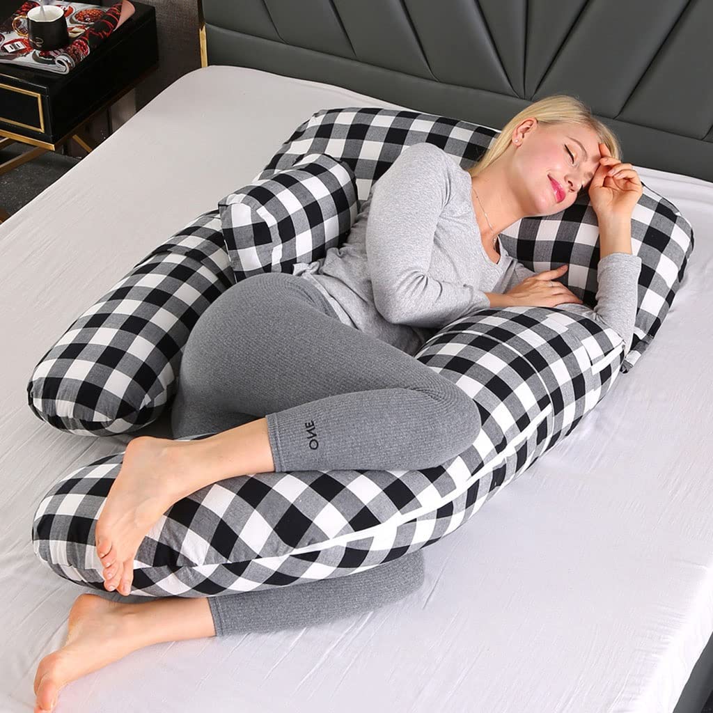Black and White Checkered Cotton Maternity Pillow - G-Shaped Pregnancy Pillow for Side Sleeping & Breastfeeding Support, Removable & Washable Cover - Perfect for Comfort During Pregnancy, Nursing & Relaxation at Home