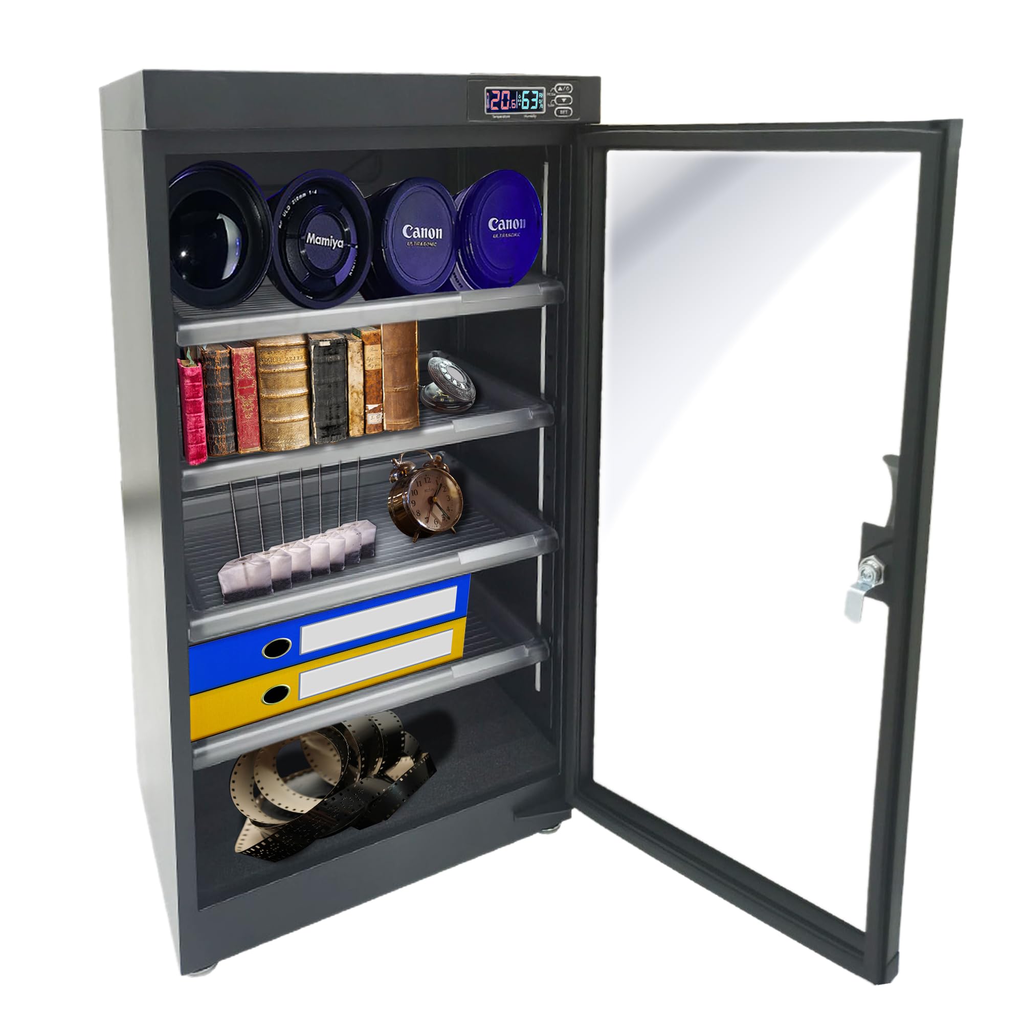 INTSUPERMAI Digital Control Dehumidifying Dry Cabinet with Key Lock - 100L 5-Tier Storage for Camera Lenses & Electronic Equipment (100-240V) | Perfect for Photography Studios, Home Storage & Electronic Protection