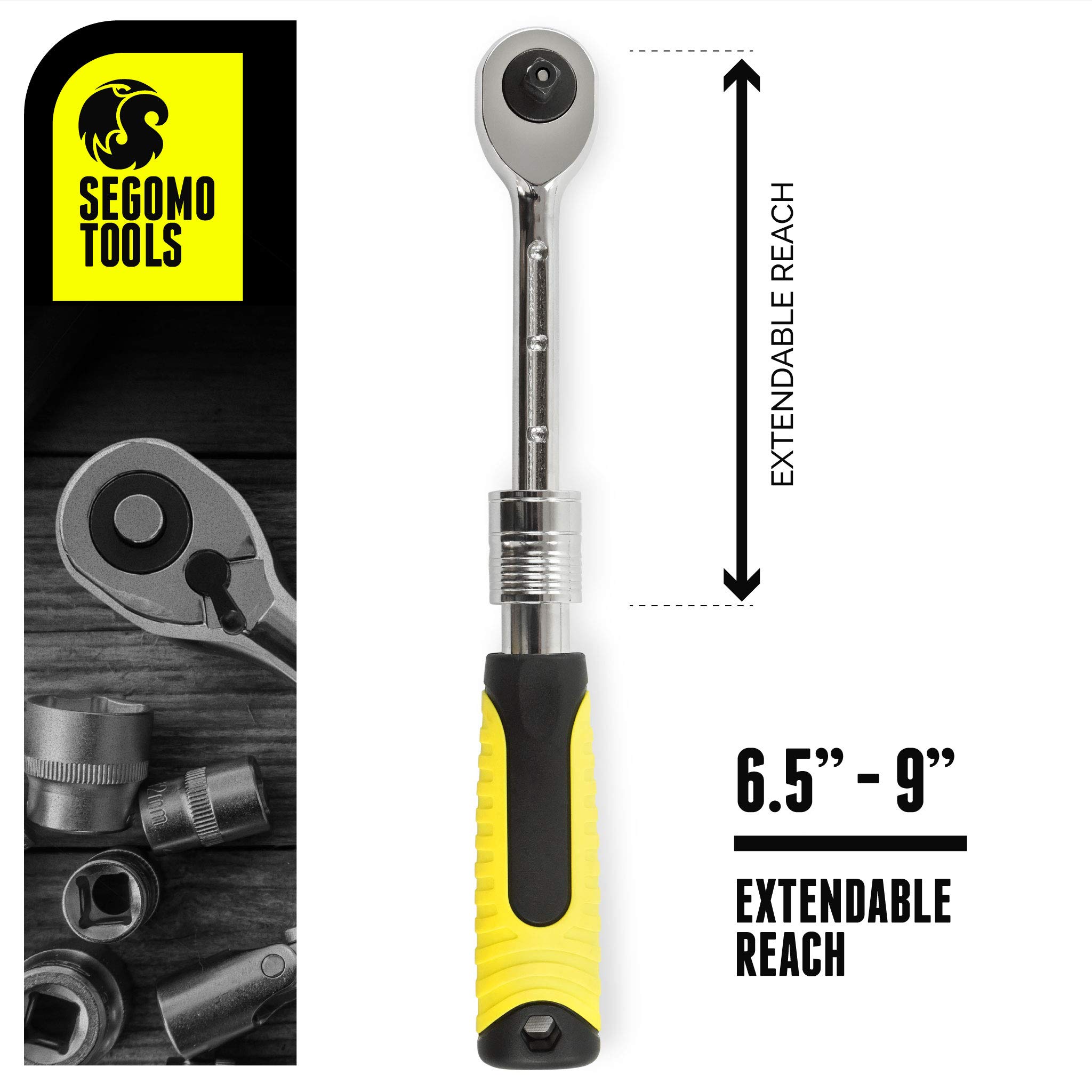 Segomo Tools 1/4 Inch Drive 72-Tooth Heavy Duty Reversible Extendable Ratchet Wrench (6.5 to 9 Inch) - 1400EXT - Perfect for Automotive Repair, DIY Projects & Tight Spaces