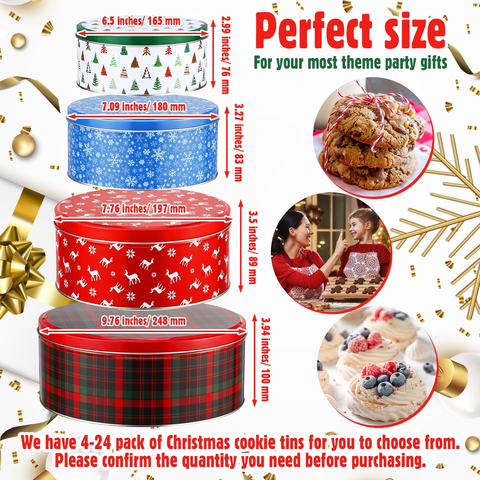 24 Pack Christmas Cookie Tins with Lids - Round Baking & Cake Containers for Holiday Treats | Festive Snowflake, Tree, Plaid & Reindeer Designs | Perfect for Gift Giving, Cookie Exchange & Christmas Party Favors