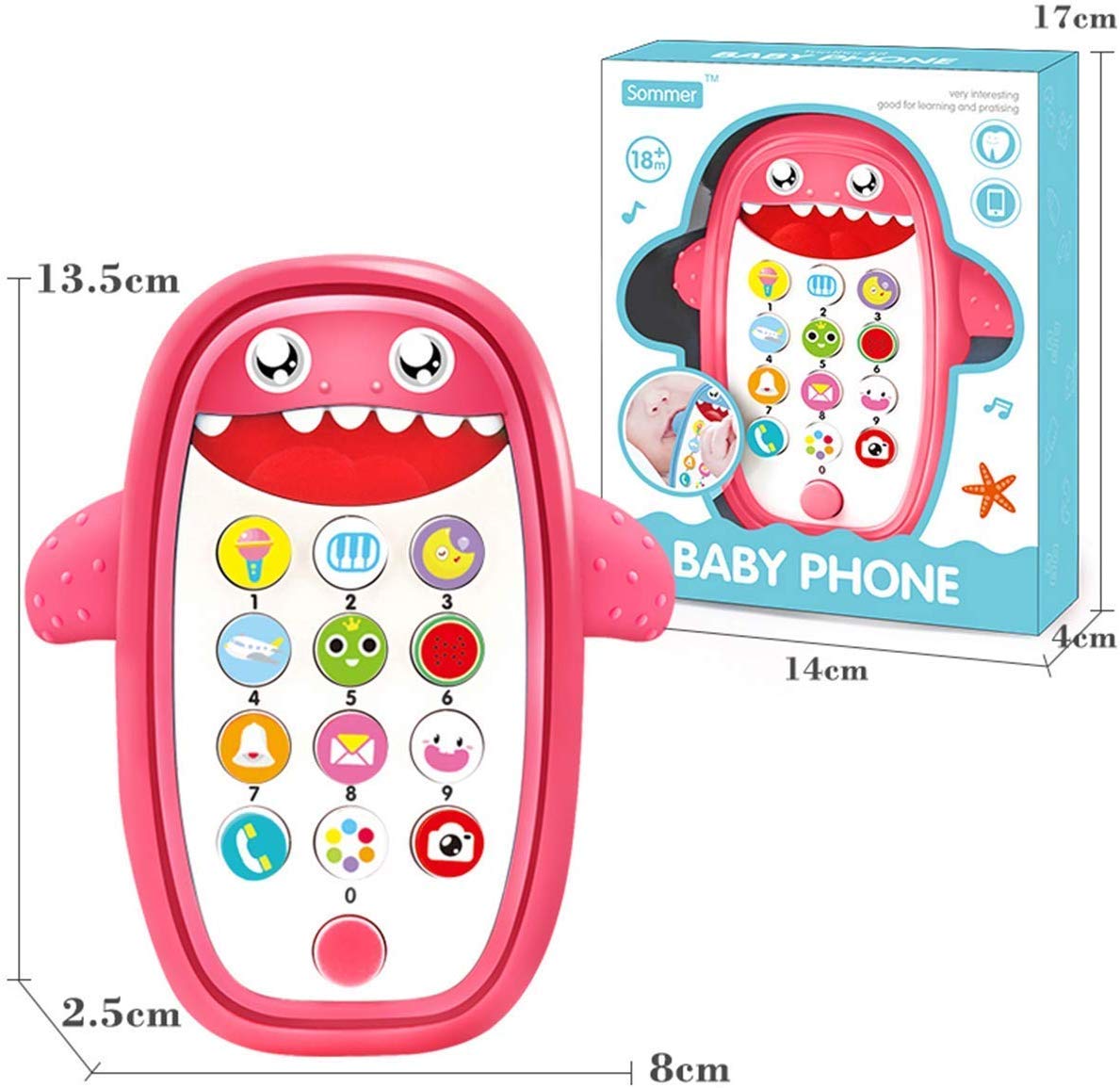 Baby Shark Musical Phone Toy with Lights & Sounds - Teething & Learning Toy for Babies & Toddlers - Interactive Educational Toy for Playtime & Early Development (Red)