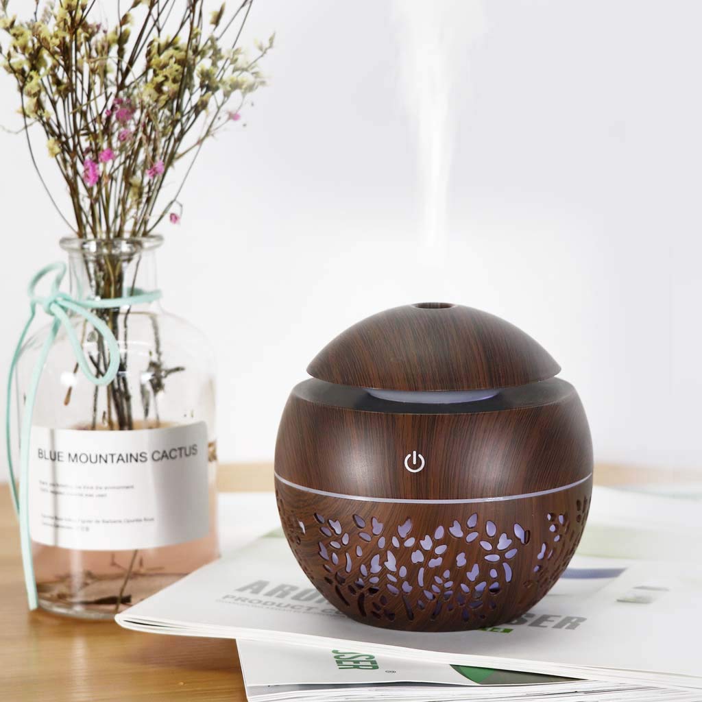 Portable Wood Grain Essential Oil Diffuser with 7-Color LED Night Light - USB-Powered Mini Humidifier for Home, Office, Car & Bedroom | Aromatherapy, Air Freshener & Cool Mist Humidifier (Brown) - Perfect for Relaxation, Sleep Aid & Stress Relief