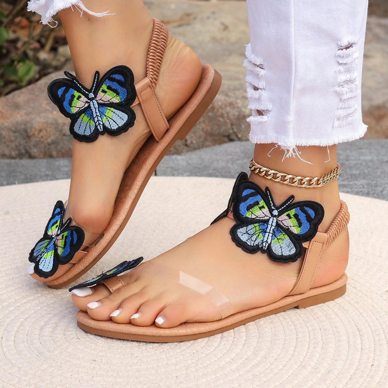 2024 Women's Oversized Flat Sandals with Butterfly Embroidery - Comfortable Beach Shoes for Summer, Walking, and Outdoor Activities