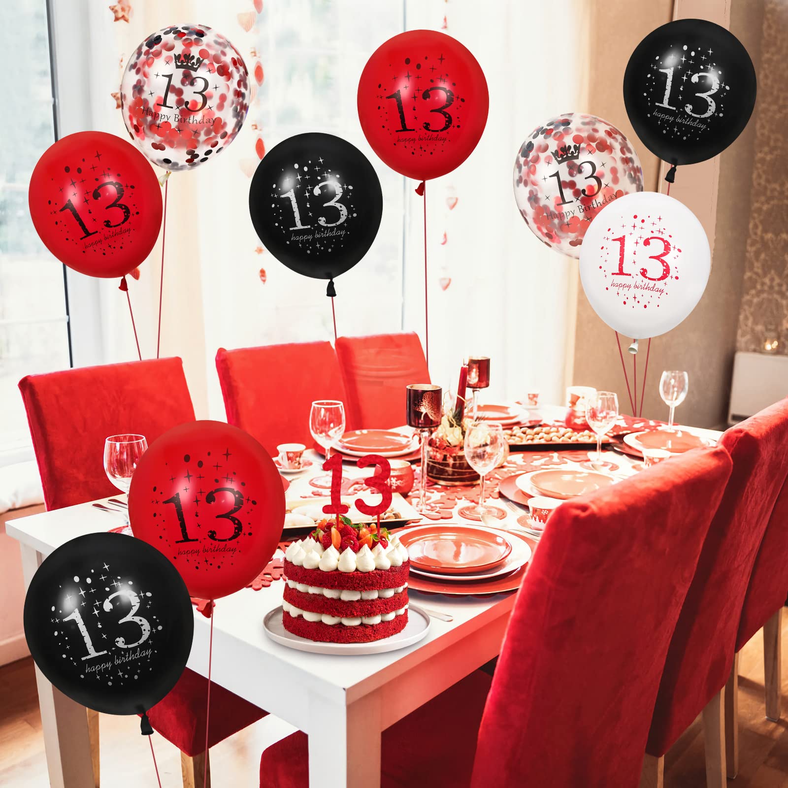 13th Birthday Latex Balloons Set - 16Pcs Red & Black Happy Birthday Party Decorations for Girls & Boys - Perfect for 13th Birthday Parties, Teen Celebrations & Milestone Decorations