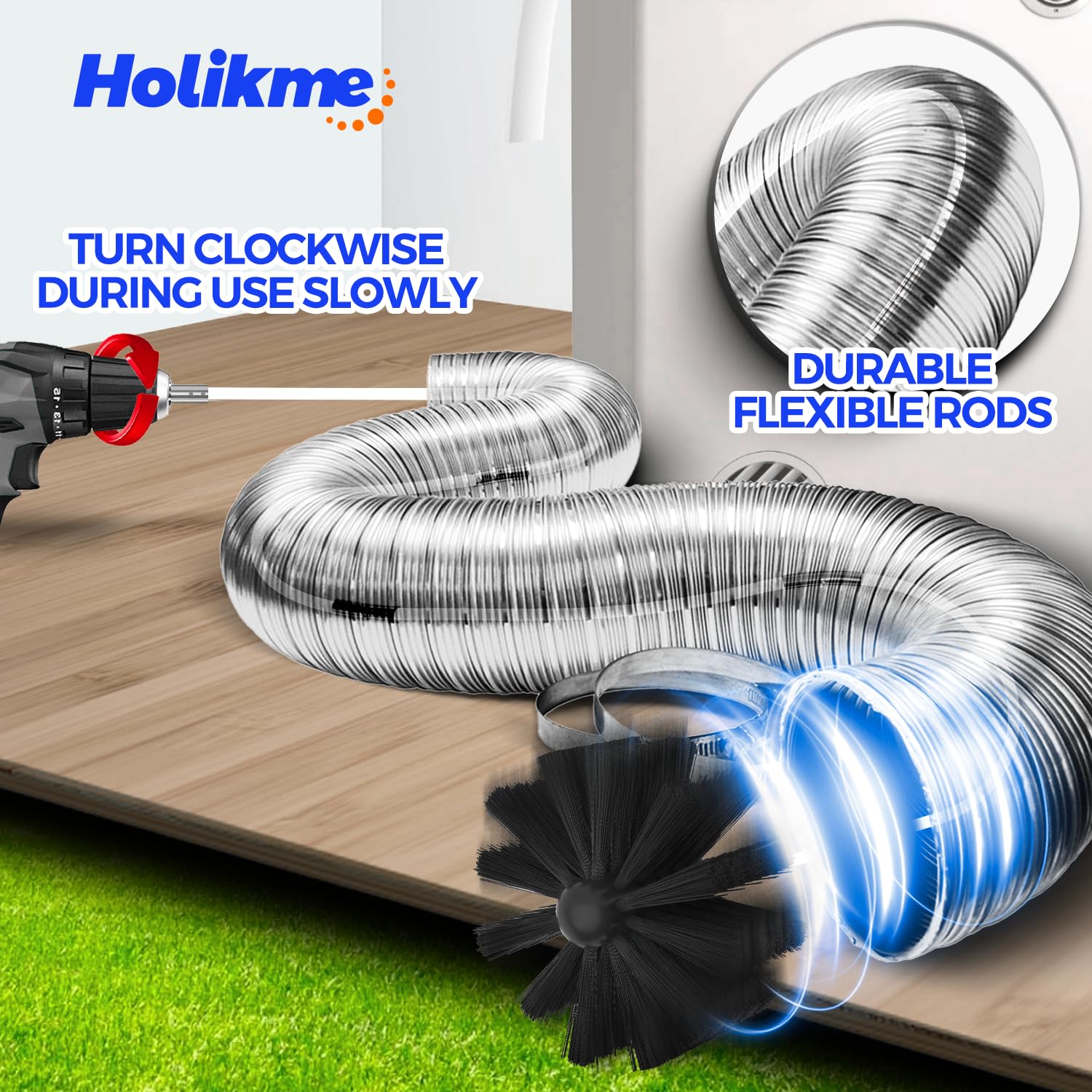 Holikme 30ft Dryer Vent Cleaner Kit - Flexible Lint Brush with Drill Attachment for Chimney & Fireplace Cleaning