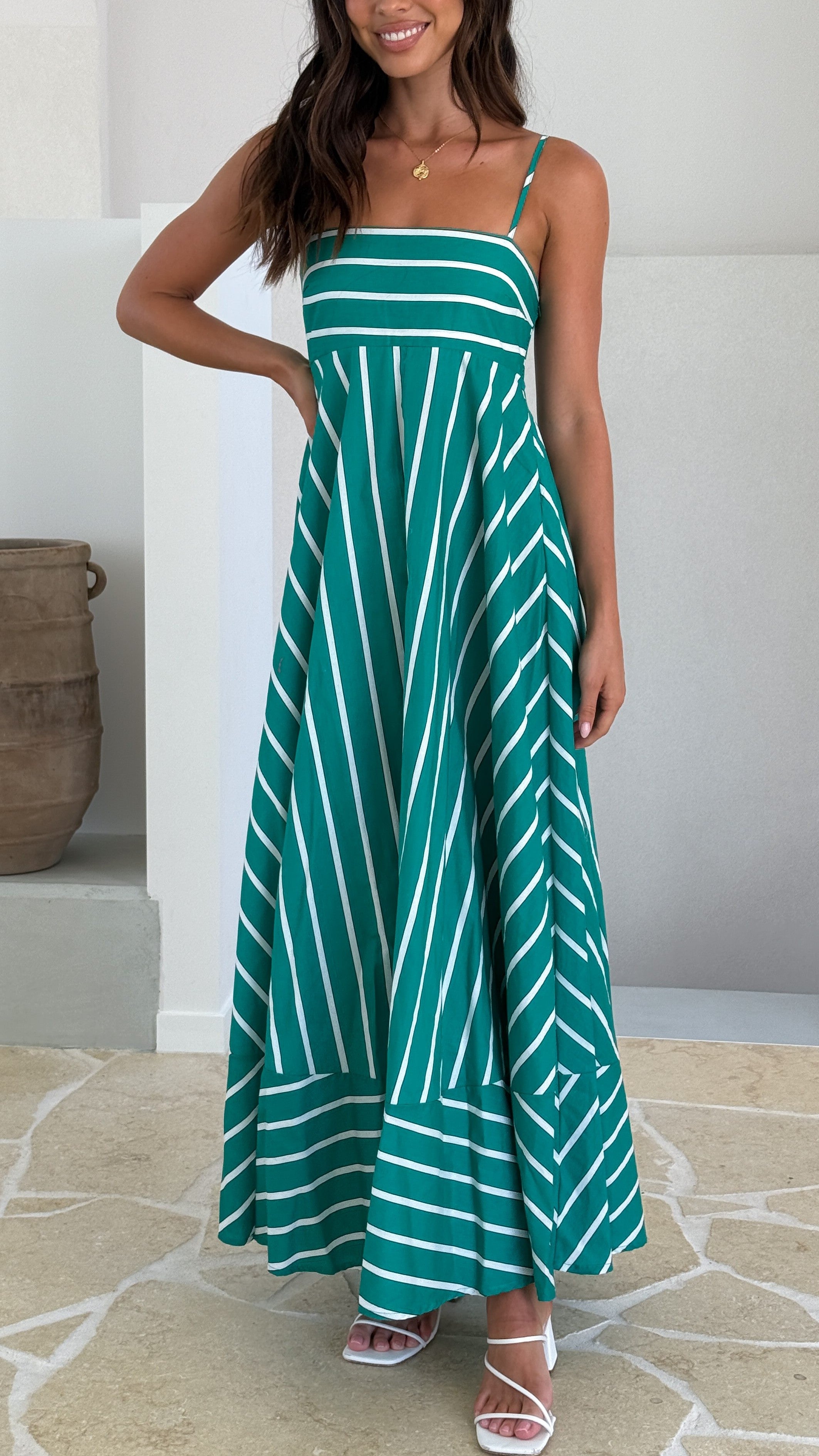 Kaethe Maxi Dress - Green Stripe Flowy Summer Dress for Women | Beach Cover Up, Vacation Outfit, Boho Chic Style