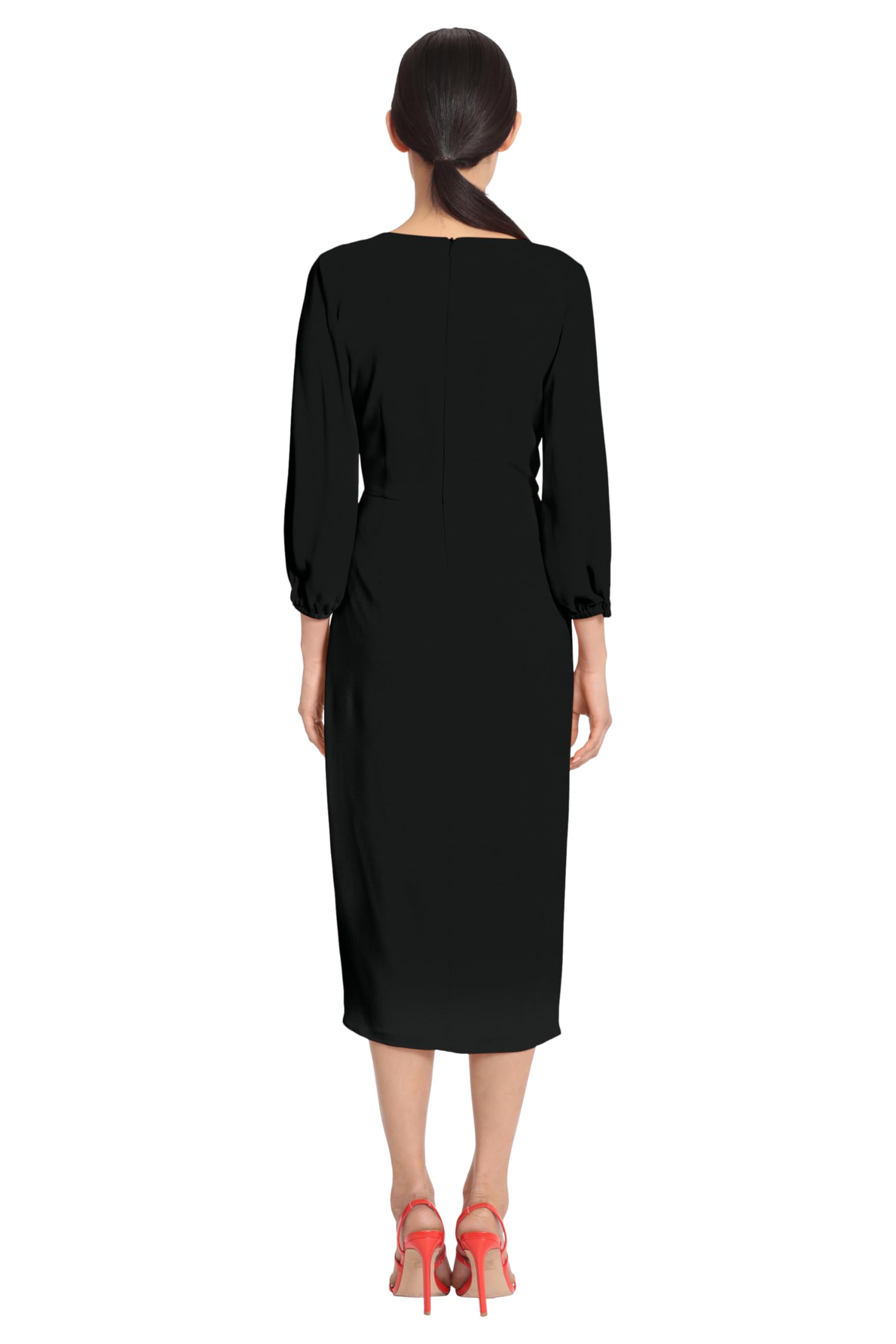 Maggy London Women's Long Sleeve V-Neck Faux Wrap Crepe Dress for Wedding Guest, Cocktail Party & Special Occasions - Elegant Formal Event Wear