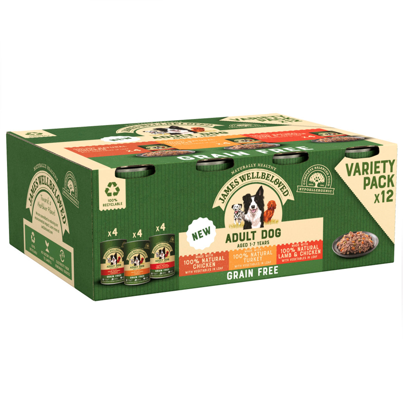 James Wellbeloved Grain Free Adult Dog Food - Turkey, Lamb & Chicken in Loaf (12 x 400g Cans) | Hypoallergenic & Digestive Support for Sensitive Dogs | Perfect for Home Feeding & Travel