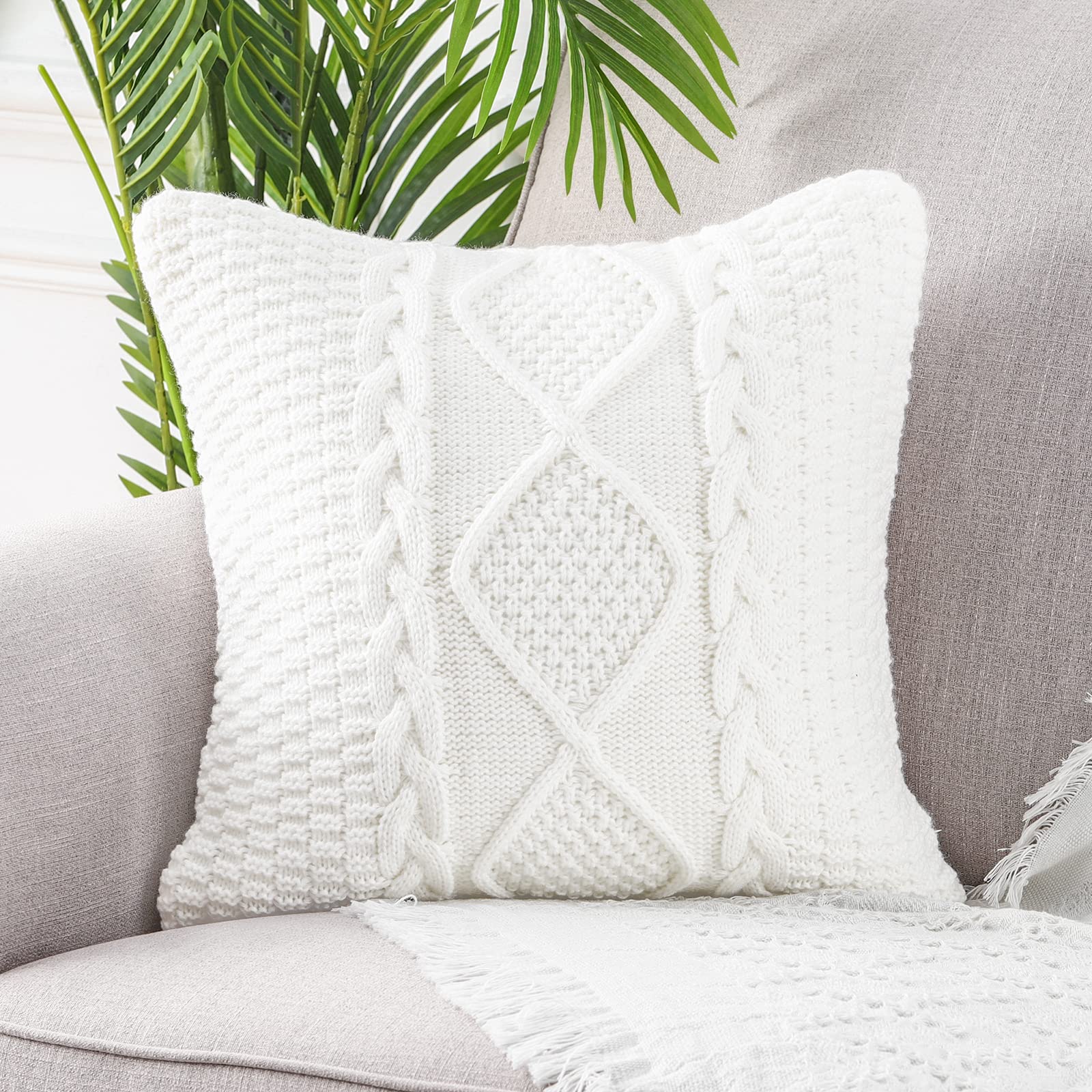 Luxury White Cotton Knitted Throw Pillow Covers 18x18 Inches - Soft Cozy Decorative Cushion Cases for Sofa, Couch & Bed - Perfect for Living Room, Bedroom & Outdoor Decor