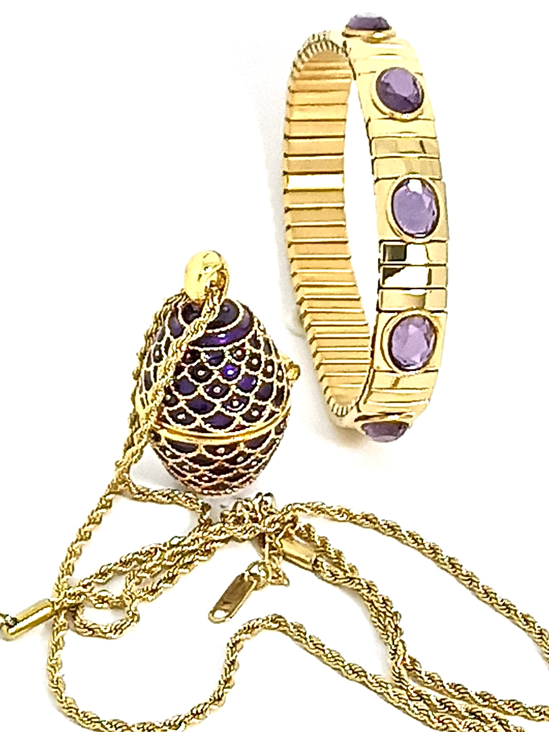 24K Gold Purple Faberge Egg Pendant Necklace & Bracelet Set - 1.5