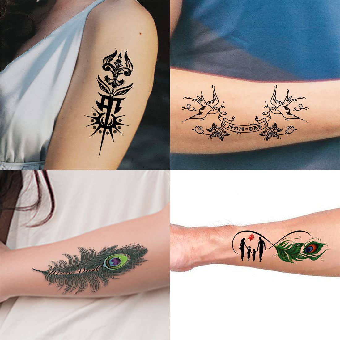 Temporary Tattoo Stickers - Pack of 4 Maa Paa Infinity Black Trishul Designs for Men & Women (2x4 Inch) | Waterproof Fake Tattoos for Festivals, Parties & Spiritual Events