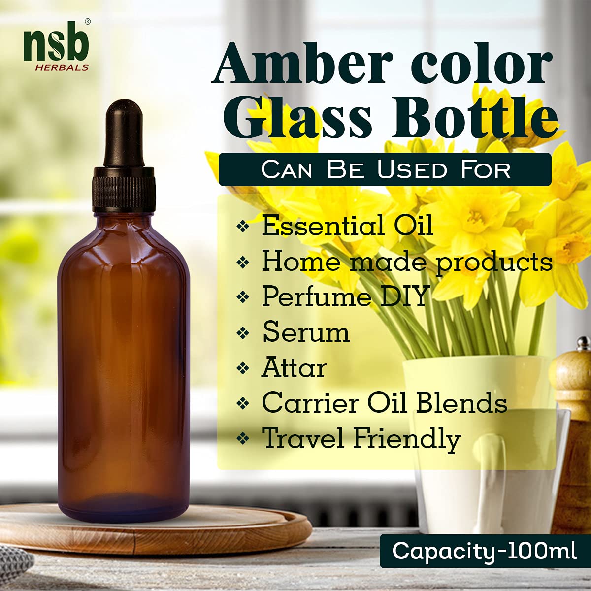 NSB Herbals 100ml Amber Round Empty Glass Bottle with Glass Dropper, Black Ring & Silicone Teat - Refillable Essential Oil, Perfume & Blend Container (Pack of 1) | Perfect for DIY Aromatherapy, Skincare & Natural Perfume Making