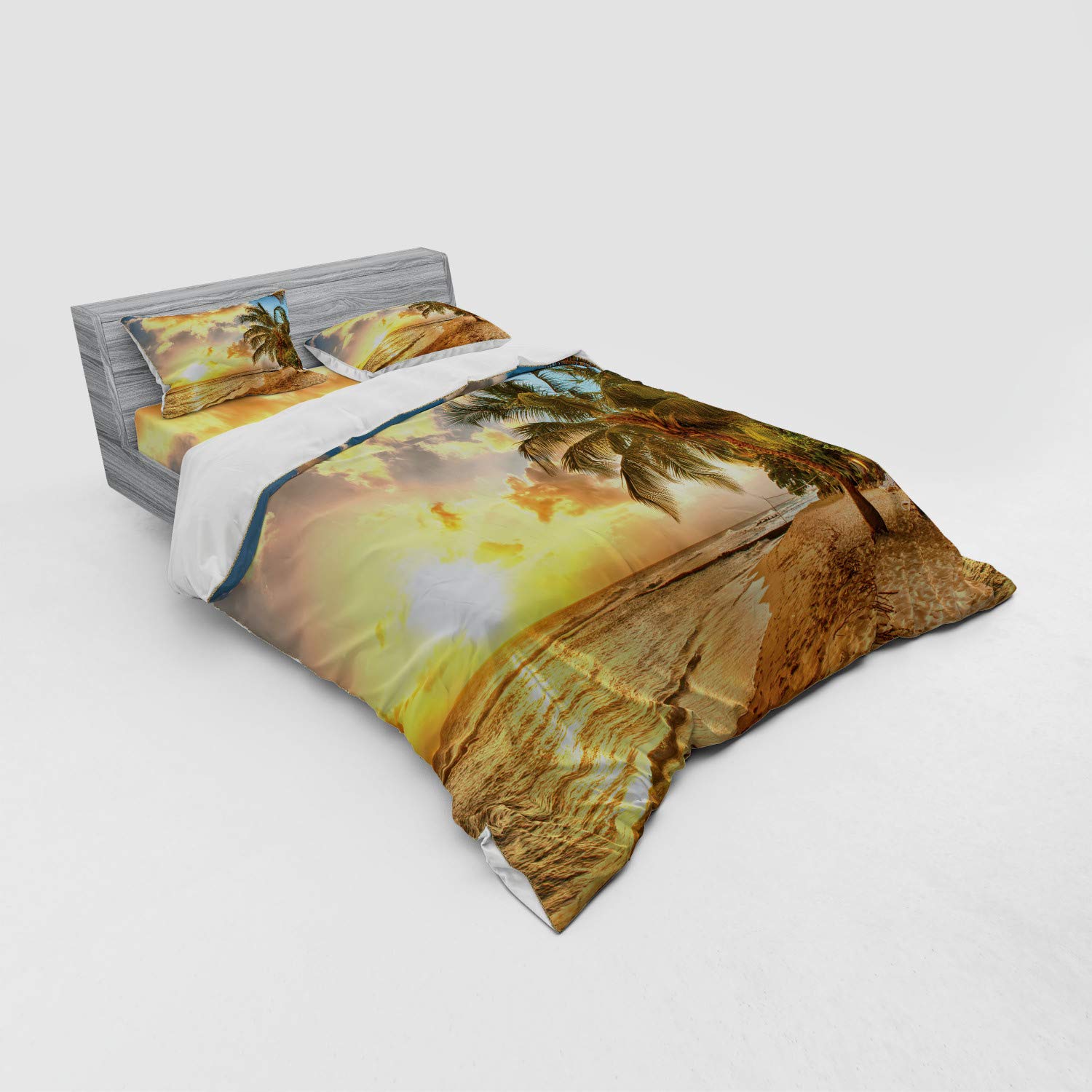 Ambesonne Tropical Beach Bedding Set - Queen Size 4-Piece Duvet Cover with Shams & Fitted Sheet, Sunset Coconut Palm Tree Design in Cream Blue | Perfect for Summer Beach House Decor & Coastal Themed Bedrooms