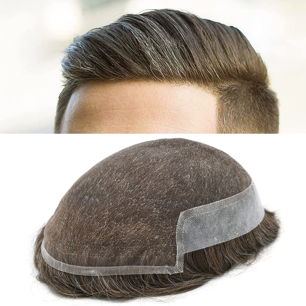 **Men's Swiss Lace Toupee - 100% Human Hair Replacement System with PU Bleached Knots & Natural Hairline | 8