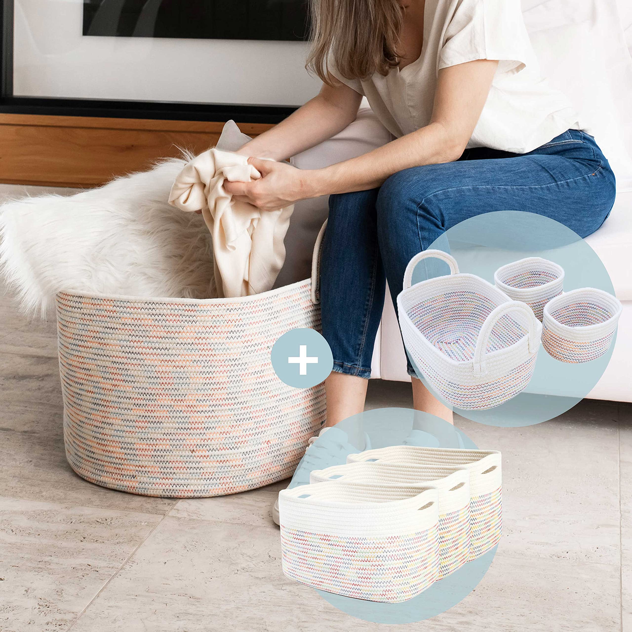 Large Laundry Basket with Rope Handle + 3-Tier Storage Baskets + 3-Piece Nursery Organizer Set | Durable & Stylish Rainbow Design for Home, Laundry Room & Baby Nursery Organization