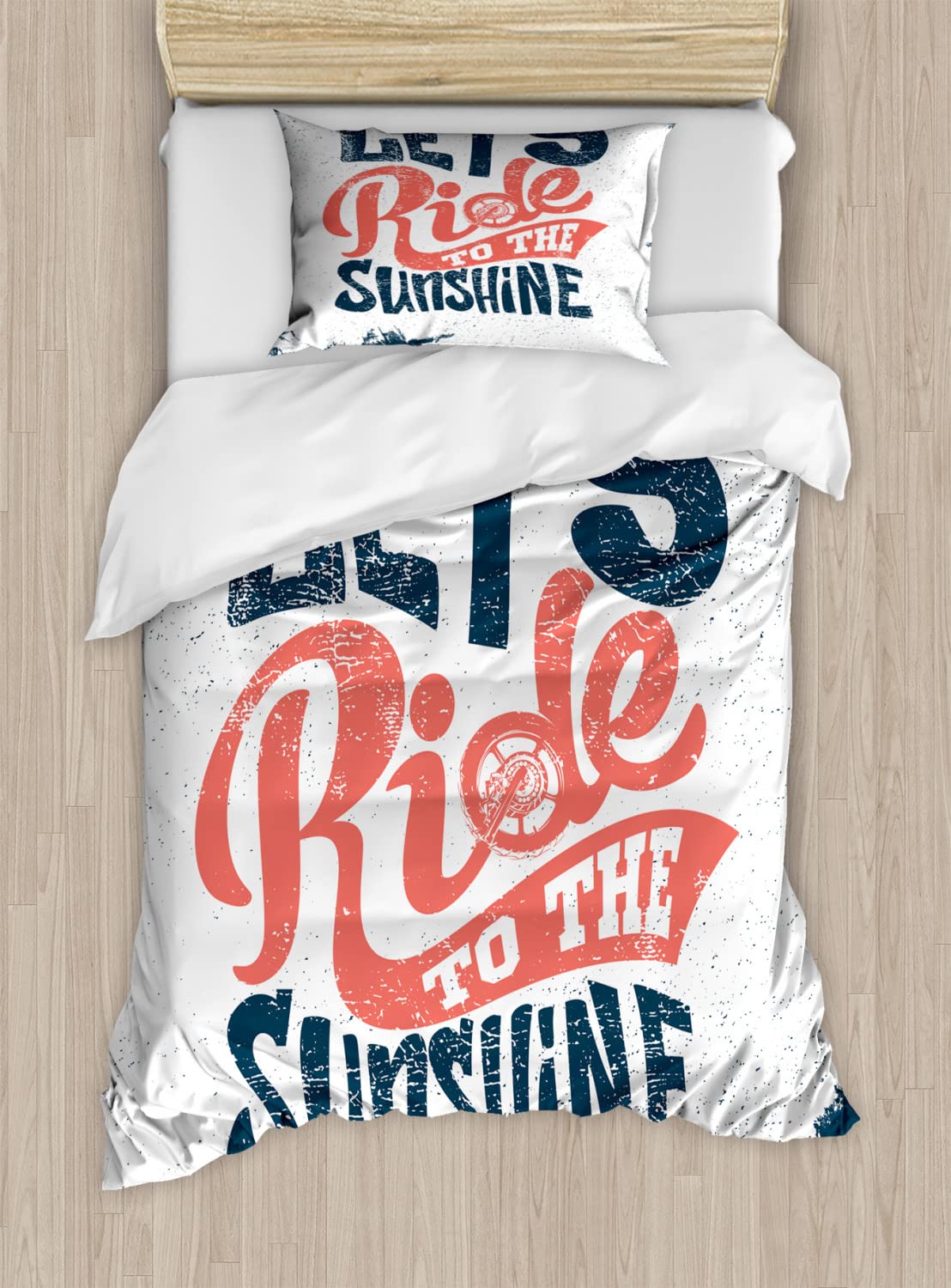 Ambesonne Motorcycle Duvet Cover Set - Twin Size 2-Piece Biker Themed Bedding with 2 Duvet Covers & 2 Pillowcases - Dark Petrol Blue Coral Grunge Design - Perfect for Motorcycle Enthusiasts Bedroom Decor & Gift Ideas
