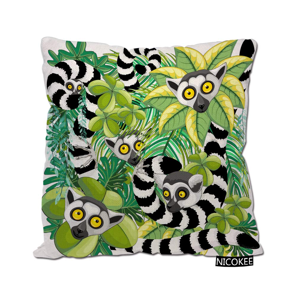 Lemurs Throw Pillow Covers 18x18 Inch - Madagascar Rainforest Animal Print Decorative Couch Sofa Bedding Pillowcases | Perfect for Home Decor, Living Room, Bedroom & Nursery
