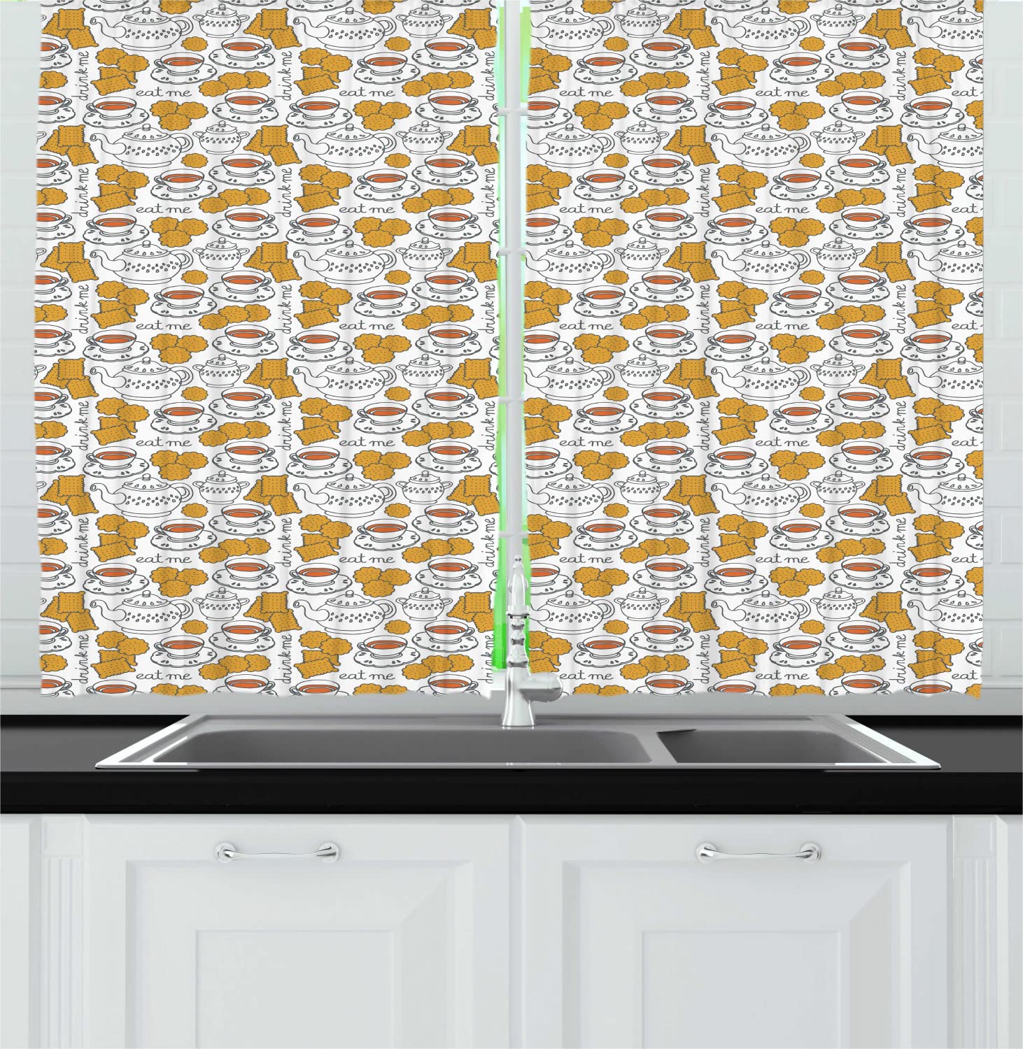 Ambesonne Tea Party Long Kitchen Curtains - Alice in Wonderland Inspired Tea Pot & Cup Design with Biscuits - 2 Panel Rod Pocket Drapes 55x45 Inches - Coffee White - Perfect for Themed Kitchens, Dining Rooms & Whimsical Home Decor