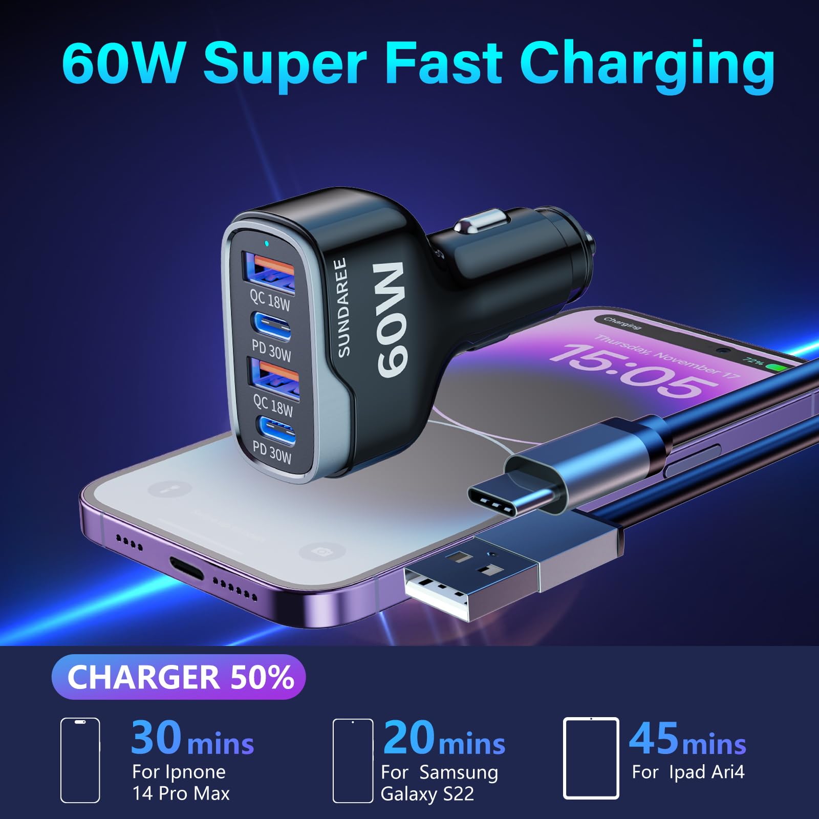SUNDAREE 4 Port USB C Fast Car Charger with AC Outlet - 18W QC & 30W PD Dual Charging - 3.3FT USB-A to USB-C Cable Included - Compatible with iPhone 16/15/14 Pro/Max, Samsung S24 & More - Perfect for Road Trips, Commuting & Multi-Device Charging On-The-Go