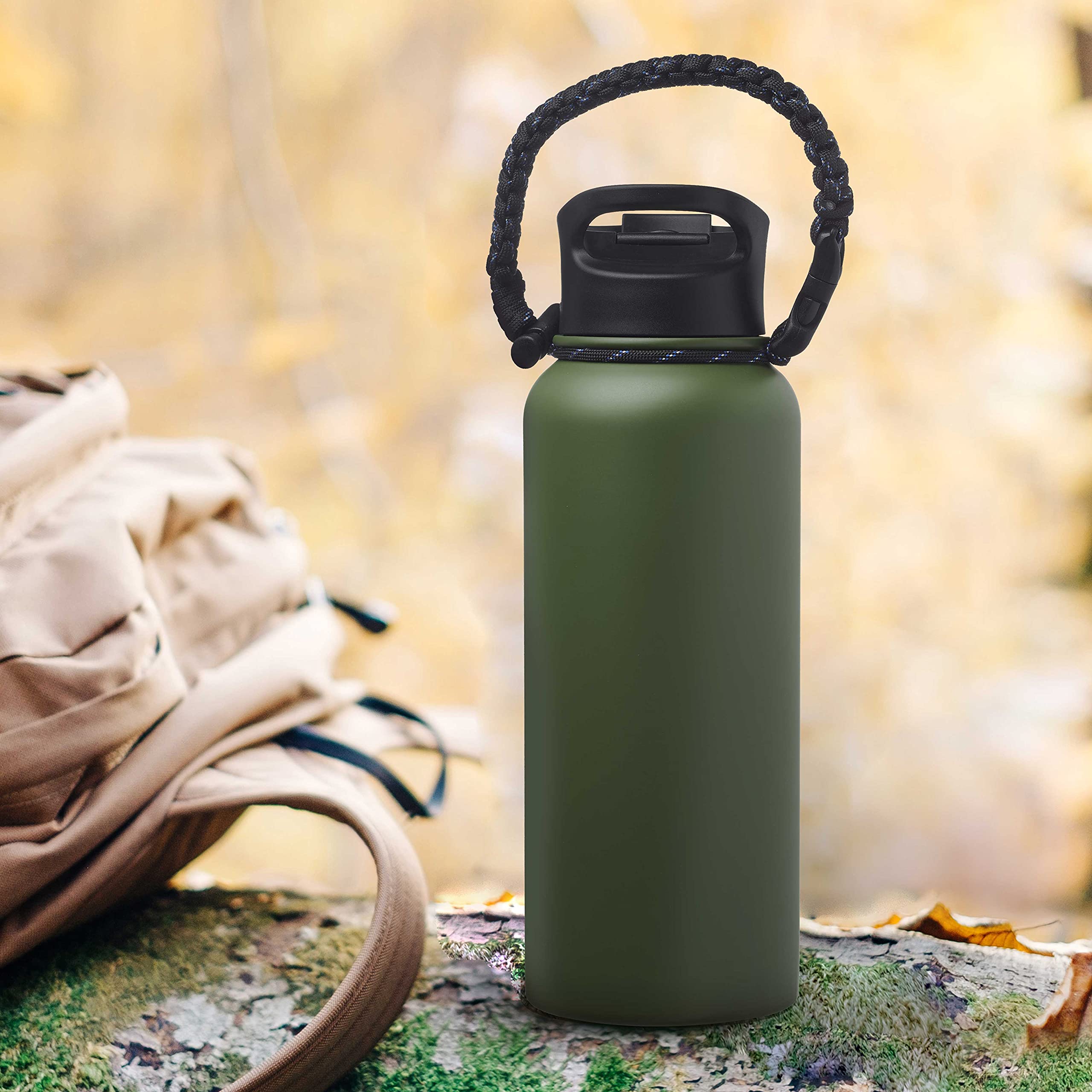 6 Pack Vulcan Stainless Steel Water Bottles 34oz - Double Wall Vacuum Insulated Army Green - Leak Proof with Strap - Perfect for Hiking, Camping & Outdoor Activities