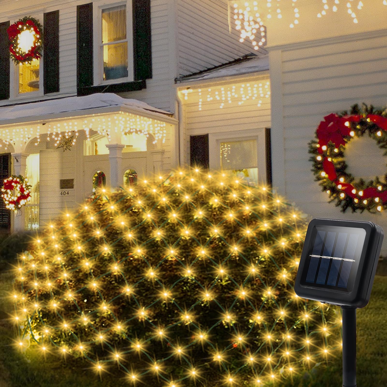 DBFAIRY 100 LED Solar Net Lights Outdoor - 4.9ft x 4.9ft Solar Powered Mesh Lights with Dark Green Cable, Auto On/Off & 8 Lighting Modes - Perfect for Backdrop, Tree Wrapping, Camping Decoration (Warm White)