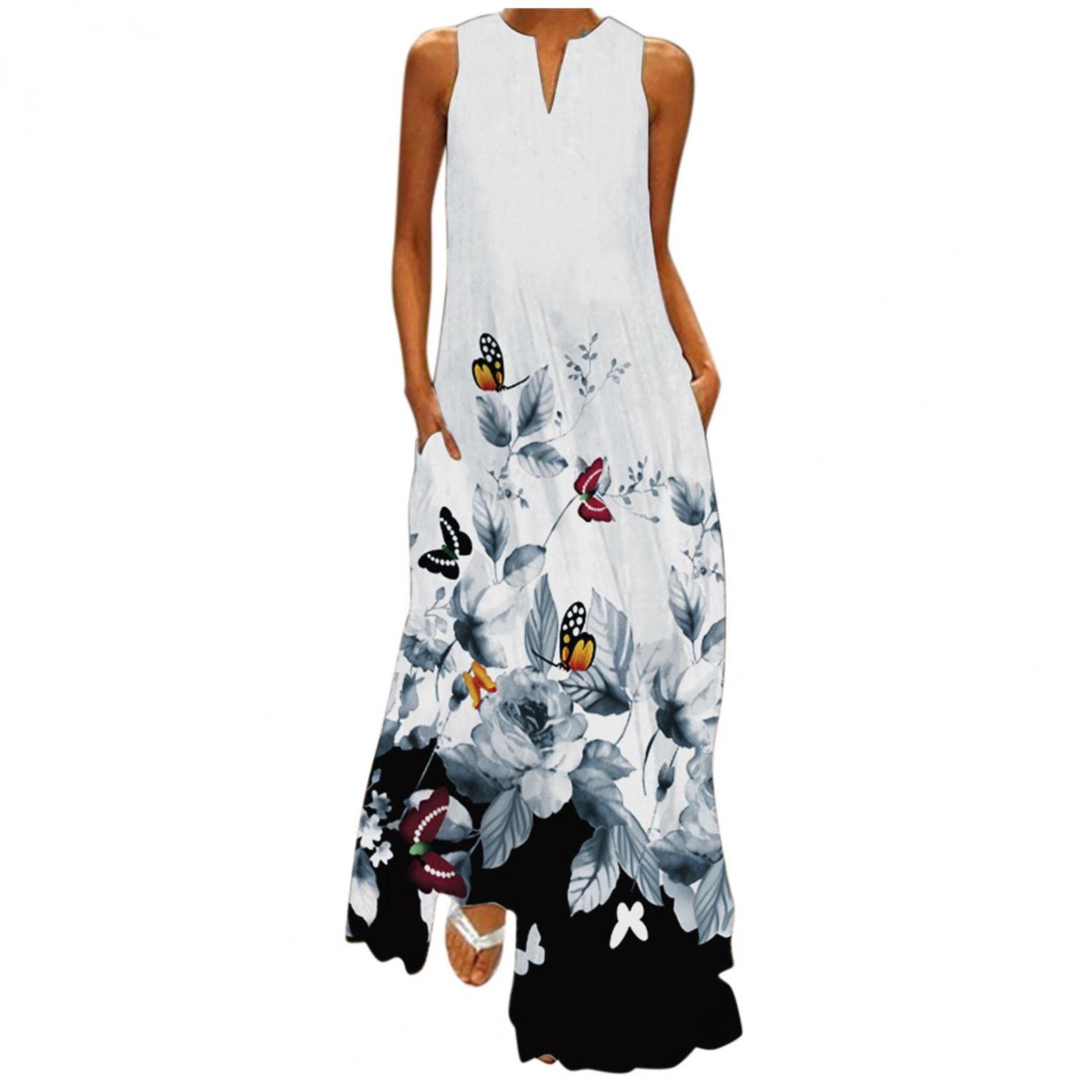 Masbird Women's Floral Print V-Neck Sleeveless Maxi Dress - Casual Loose Summer Cami Dress for Beach, Party & Vacation | Plus Size Options Available
