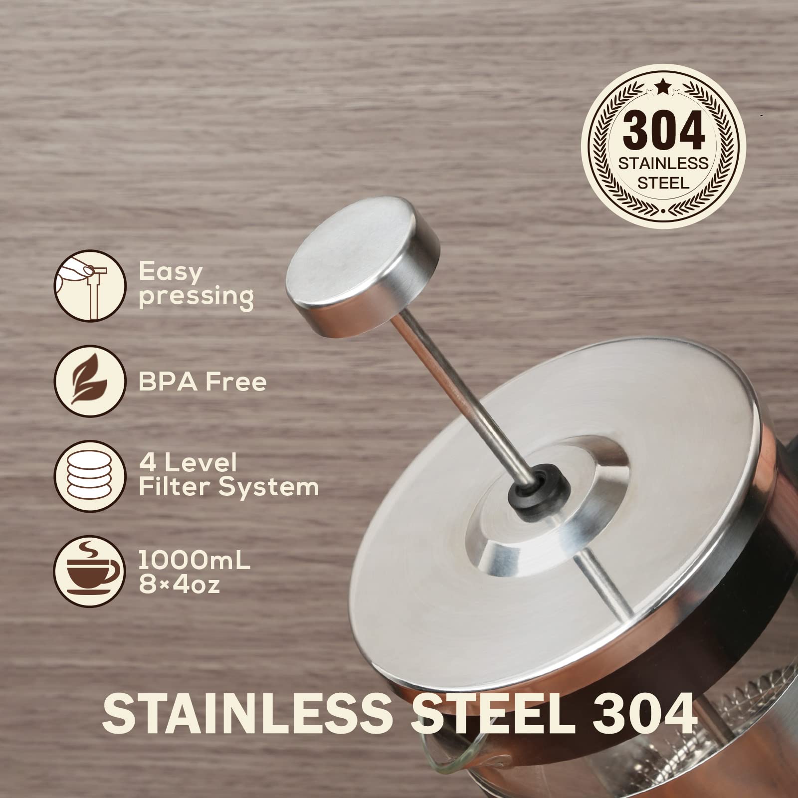 FAVIA 34oz French Press Coffee Maker - Heat Resistant Borosilicate Glass & Stainless Steel Filter - Perfect for Home, Office, Camping & Travel (34 Ounce, Silver)