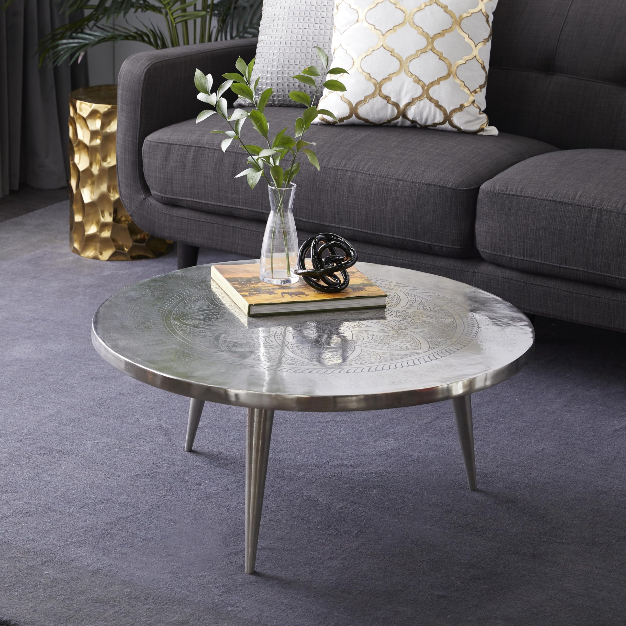 Deco 79 Silver Aluminum Metal Floral Engraved Coffee Table with Tripod Legs - 35