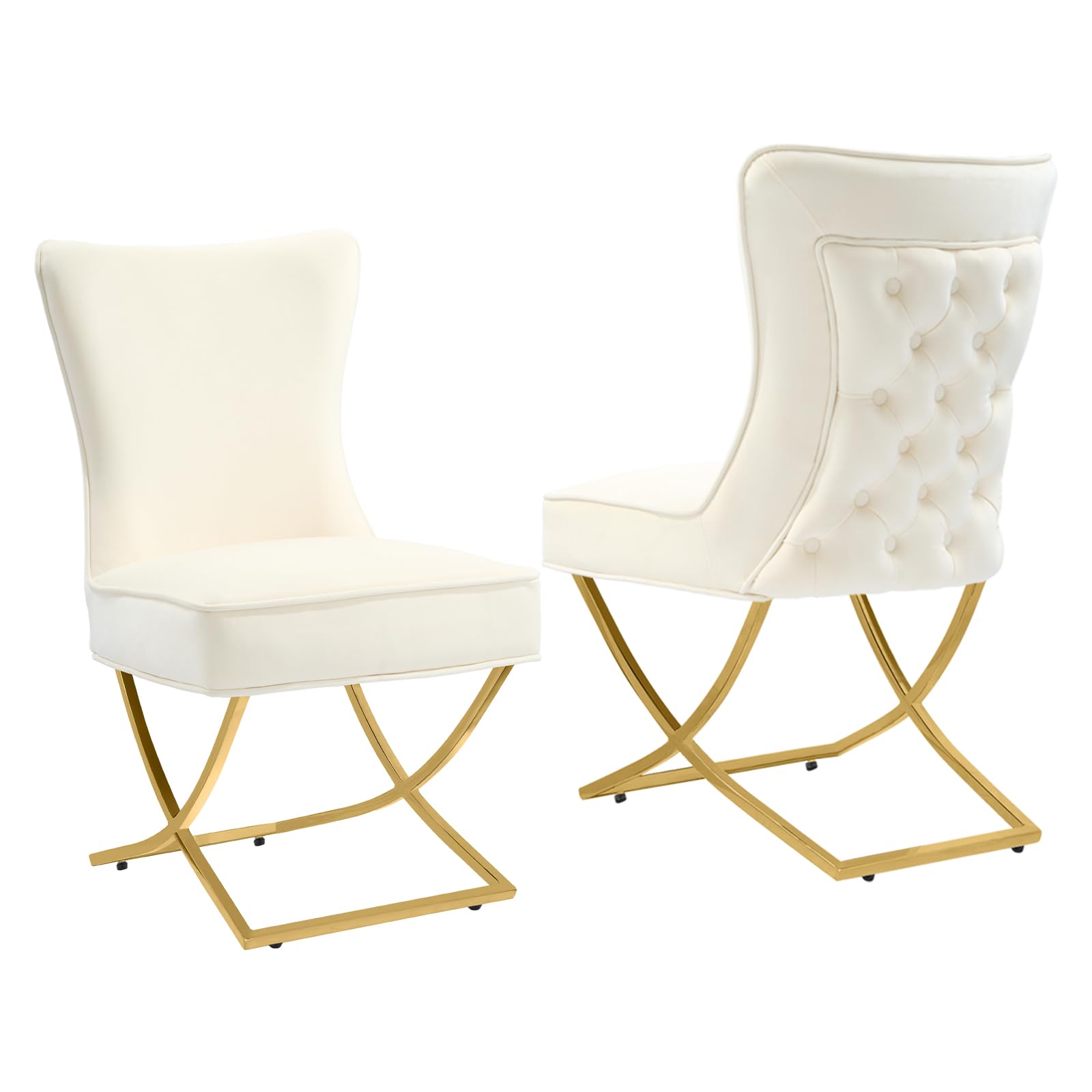 Luxury Velvet Dining Chairs Set of 2 - Tufted Upholstered Accent Chairs with Stainless Steel Legs for Dining Room, Living Room, Bedroom - Elegant Beige Velvet Fabric - Modern Home Decor