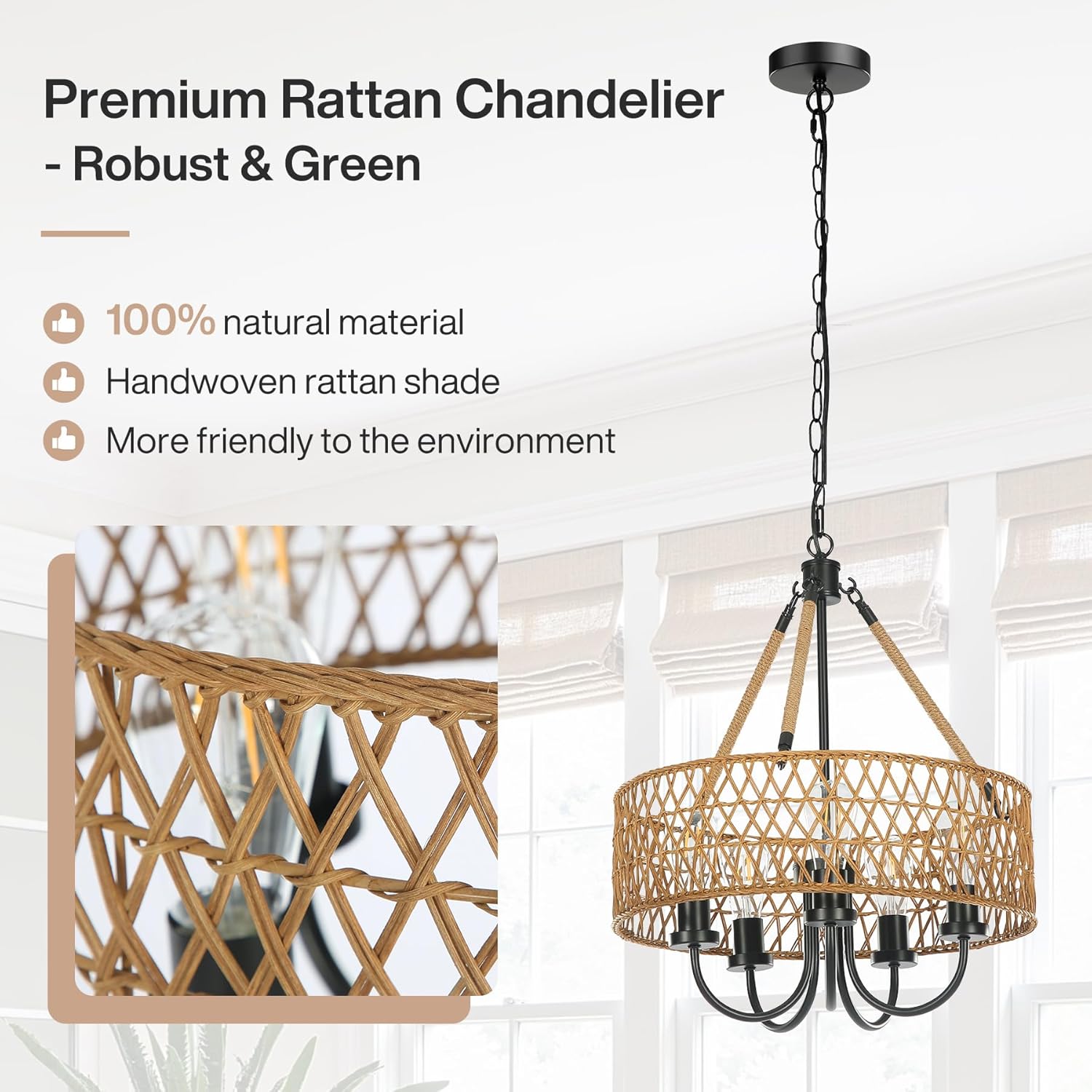 5-Light Boho Chandelier - Handwoven Rattan Pendant Lighting Fixture for Dining Room, Bedroom, or Living Room Decoration