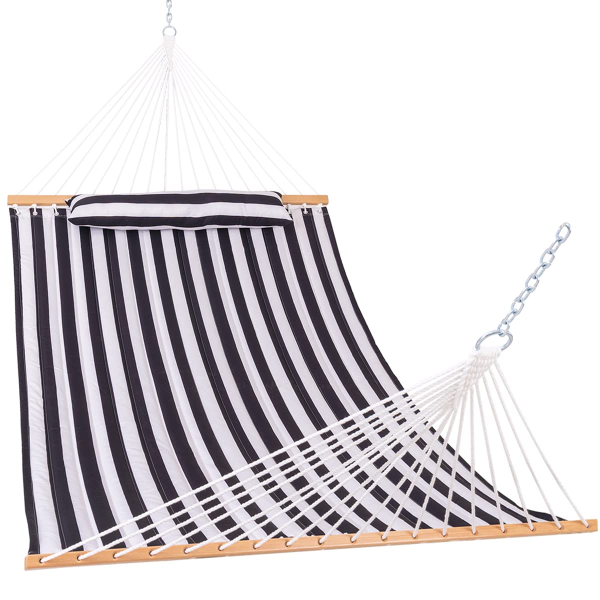 12 FT Quilted Double Hammock with Spreader Bar & Pillow - 2-Person Outdoor Hammock for Patio, Poolside, Backyard & Beach - Heavy Duty 450 lbs Capacity (Black & White) - Perfect for Relaxing, Lounging & Summer Getaways