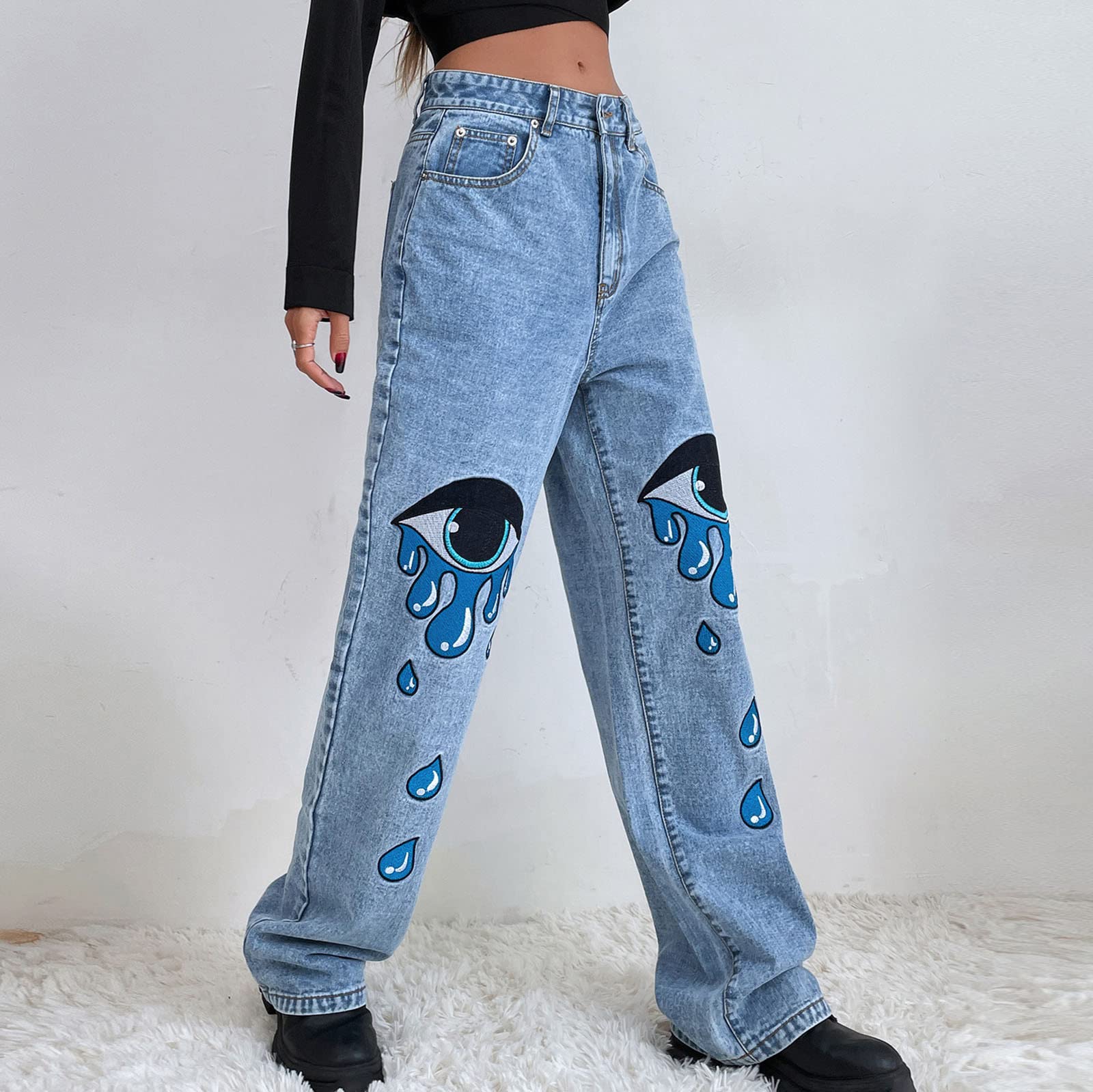SMIDOW Women's Star & Heart Graphic Denim Jeans - Y2K Straight Leg Baggy Cargo Pants for Casual Wear, Street Style & Retro Fashion Outfits