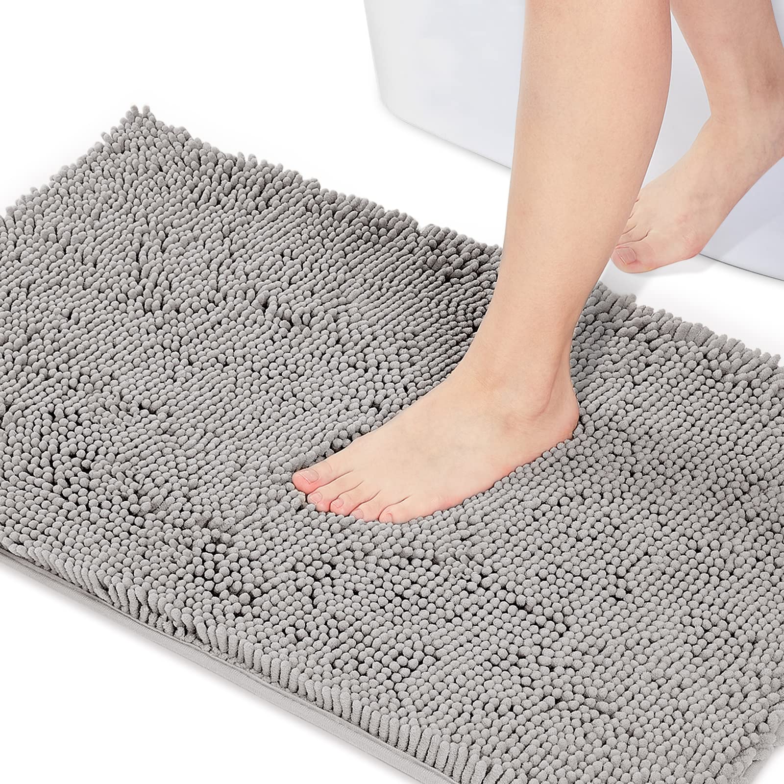 Vicyak Chenille Bathroom Rug - 20''x32'' Non-Slip Bath Mat, Soft Shaggy & Durable Microfiber Bathroom Rug - Quick Dry, Ultra Absorbent for Tub & Shower - Perfect for Bathroom, Laundry Room & Kids Room - Grey