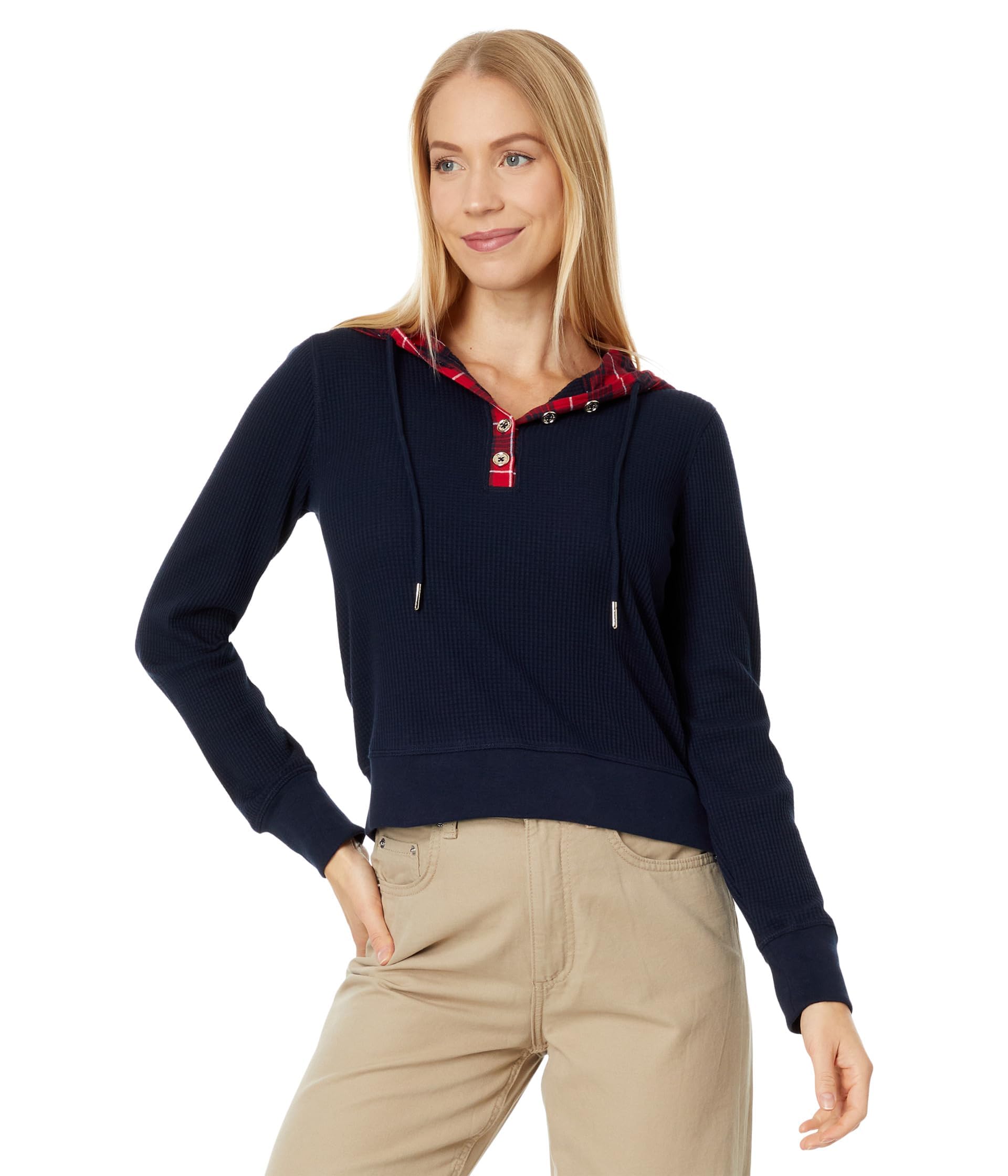 Tommy Hilfiger Women's Mixed Media Waffle Hoodie Sweatshirt - Cozy Pullover for Casual Wear, Lounge & Fall Outfits