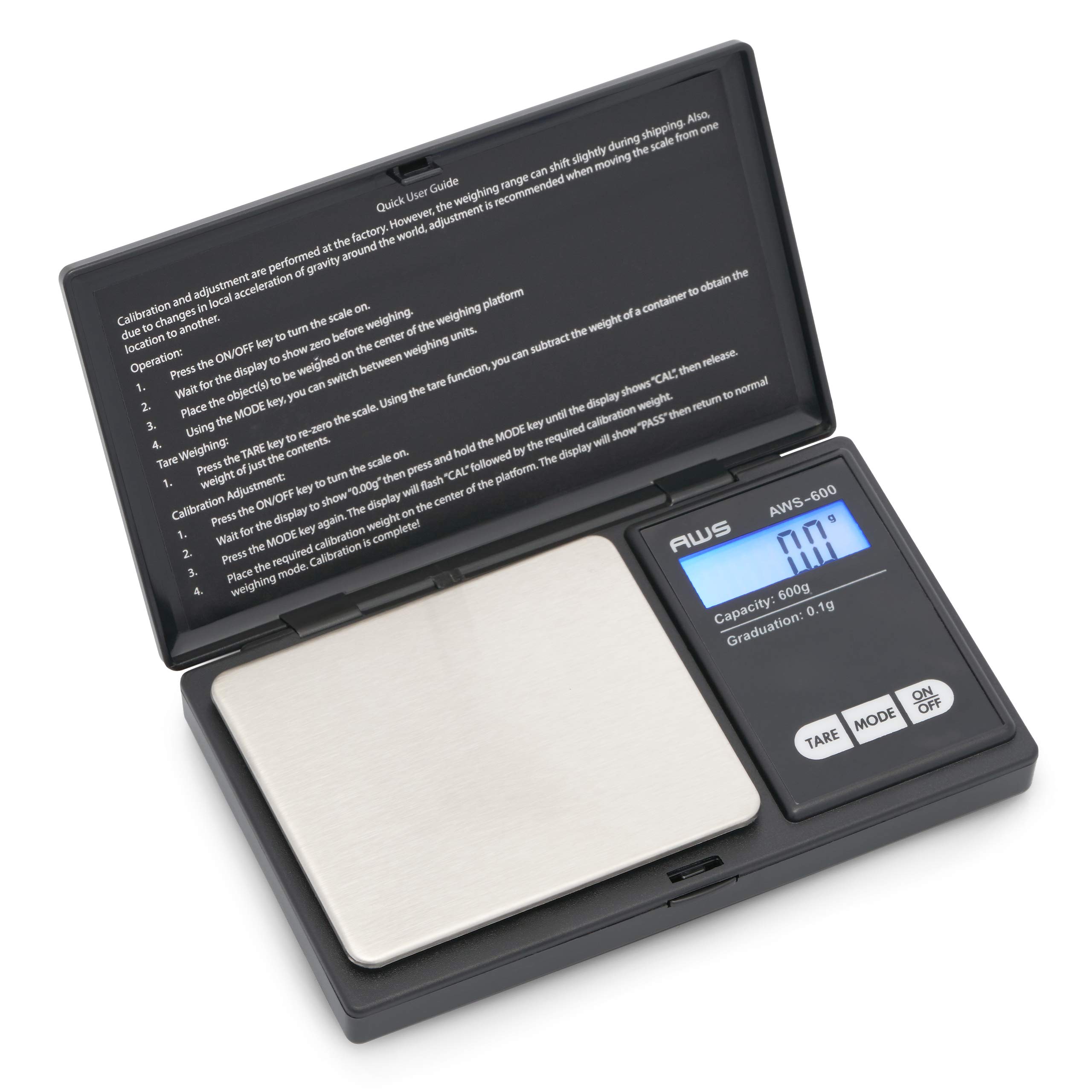 AWS-600 Digital Pocket Scale - 600g x 0.1g Precision, Backlit LCD, Portable Gram Scale for Jewelry, Food, Medicine & Kitchen | Perfect for Travel, Cooking, Baking & Lab Measurements (Black)