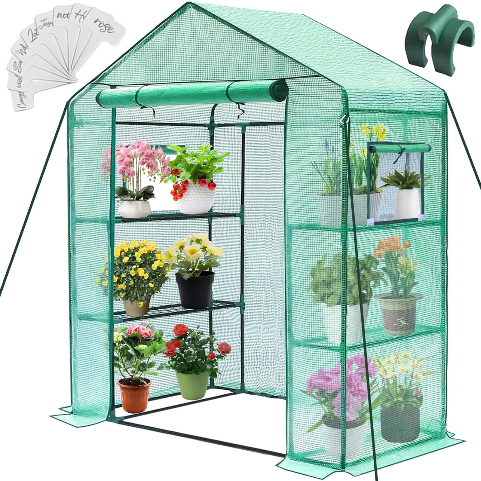 Greengro 28 x 57 x 76 Inch Outdoor Greenhouse with Screen Windows - 3 Tier 4 Shelf Small Plant House - Durable PE Cover & Plastic Walls for Indoor/Outdoor Gardening - Perfect for Herbs, Flowers & Seed Starting