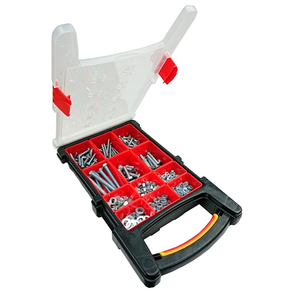 Bulk Hardware BH06622 Assortment of BZP Hex Head Bolts, Hex Nuts & Flat Washers - 12 Compartment Carry Case - Ideal for DIY Projects, Automotive Repairs & Home Maintenance