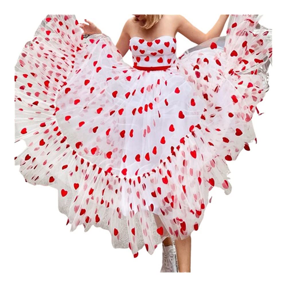 Sexy Summer Tulle Dress - Sleeveless Backless Off Shoulder Heart Print Valentine's Day Dress for Women (Pink, Large) | Perfect for Date Night, Wedding Guest, Party & Special Occasions