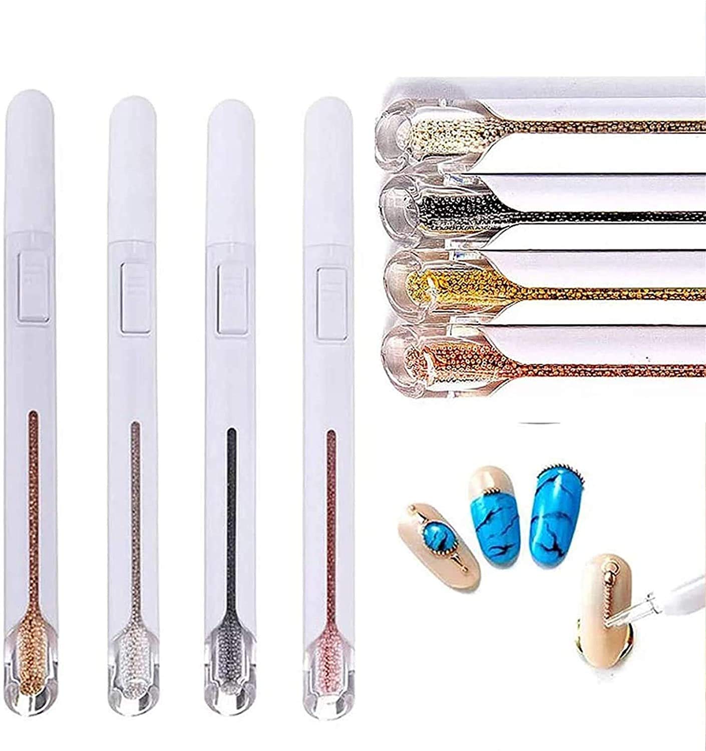 4 Color 0.8mm Professional Nail Beads Bullion Pen for Nail Art - Rhinestone Picker Dotting Tool for DIY Manicure, Salon & Home Nail Design (Perfect for Gel, Acrylic & Decoration)