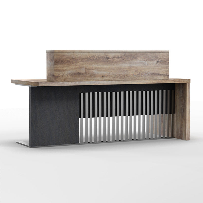 AFTAN 180cm Left Panel Reception Desk in Warm Oak & Black - Modern Office Furniture for Lobby, Hotel, and Corporate Spaces