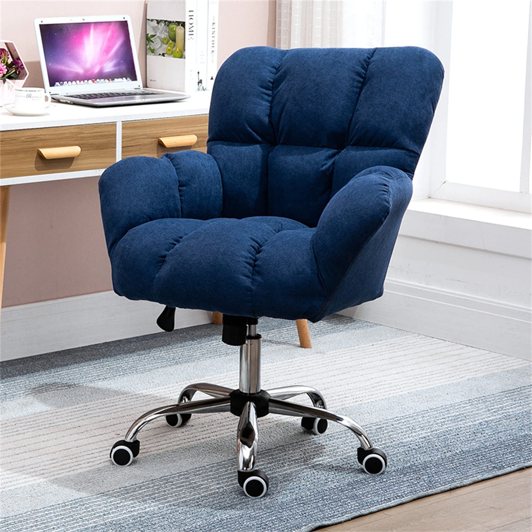 Ergonomic Adjustable Height Office Chair - Cotton Linen Upholstered Computer Desk Chair with Mid Back Support, Swivel Base & Steel Feet for Home Office, Executive Work or Gaming Setup - Modern Style Comfortable Seating Solution for Long Work Hours